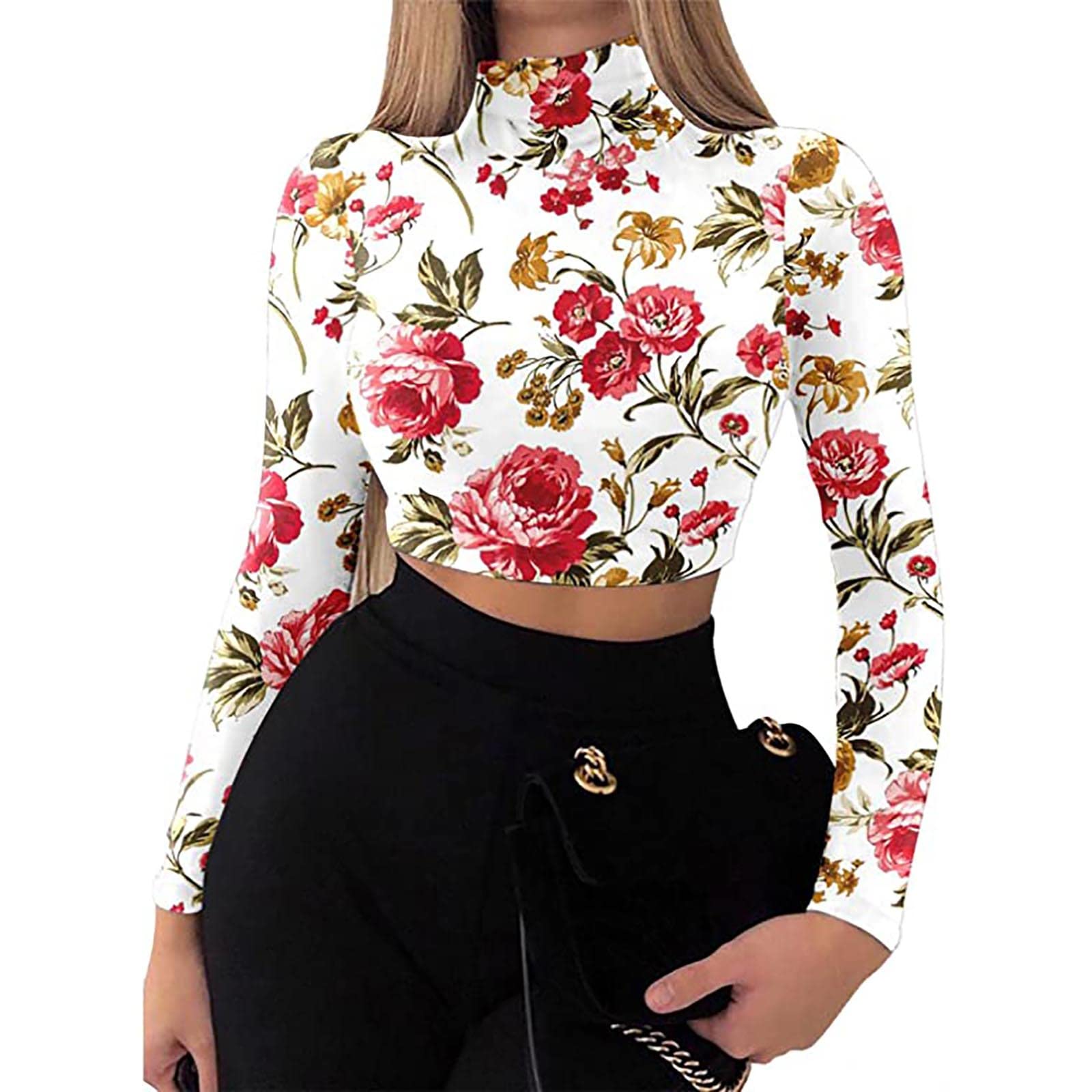 Women's Floral Cropped Turtleneck Long Sleeve Shirt - Slim Fit Casual Blouse for Layering, Office Wear & Fall Fashion Outfits
