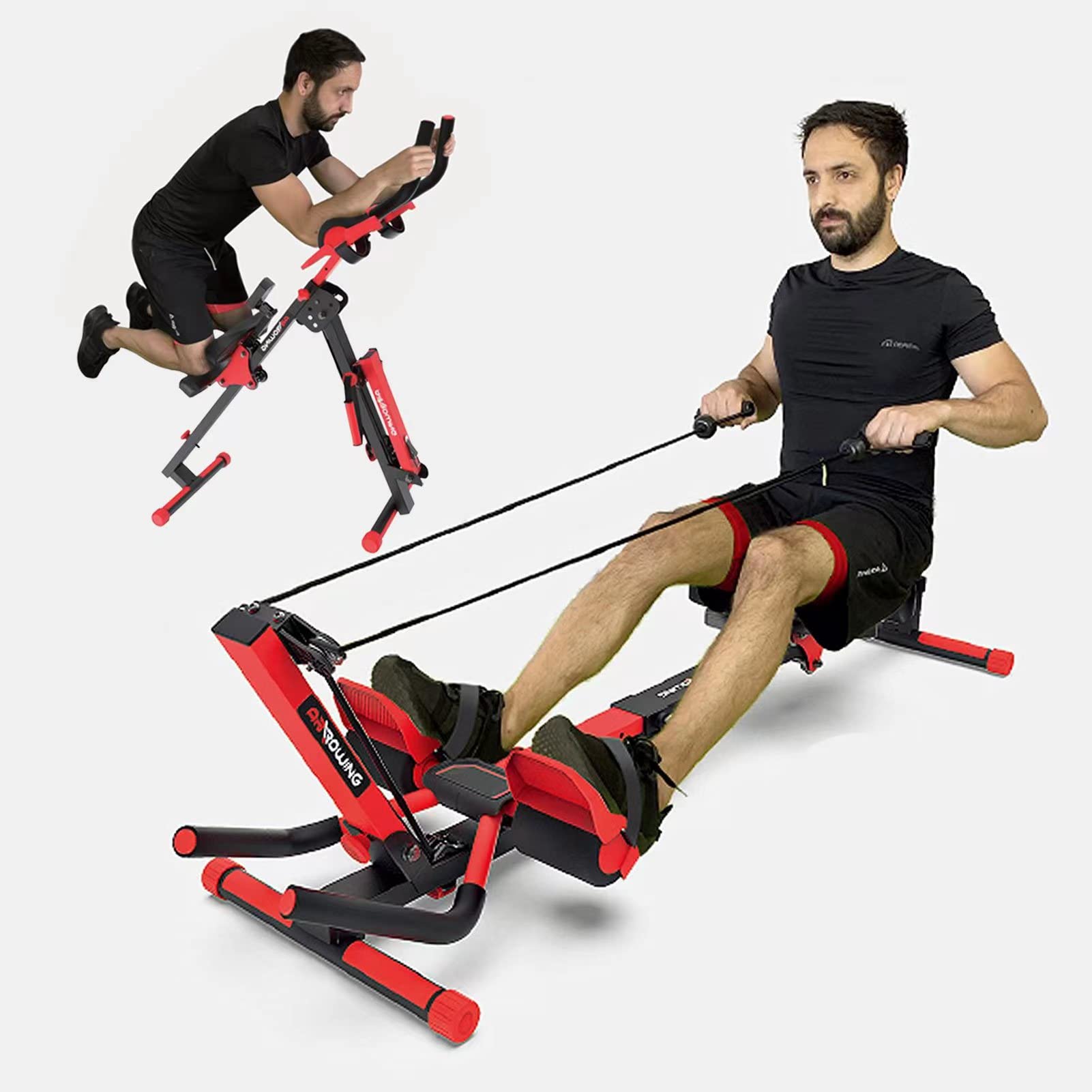 3-in-1 Foldable Rowing Machine & Ab Trainer with LCD Monitor - Full Body Workout Equipment for Home Gym | Perfect for Cardio, Strength Training & Core Exercises