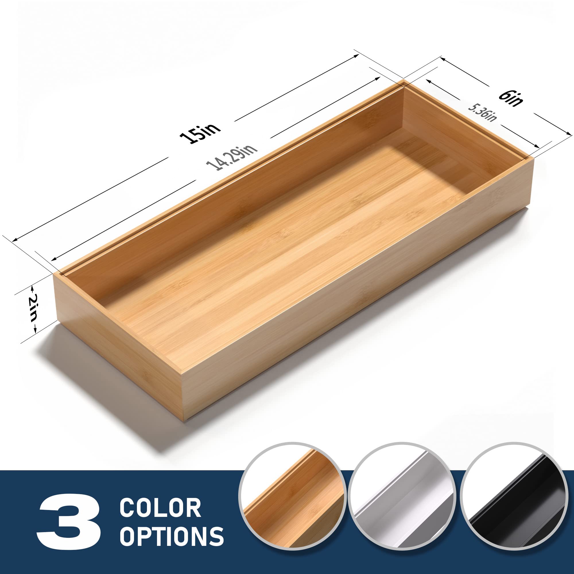 Premium Bamboo Drawer Organizer Set of 2 - Stackable Kitchen Utensil Tray, Wooden Silverware Storage Box (15