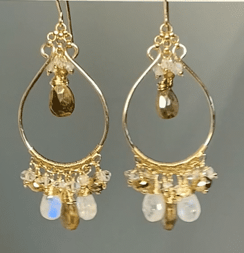 Rainbow Moonstone Gold Chandelier Hoop Earrings with Herkimer Diamond - Elegant Boho Jewelry for Women, Perfect for Weddings, Parties & Special Occasions