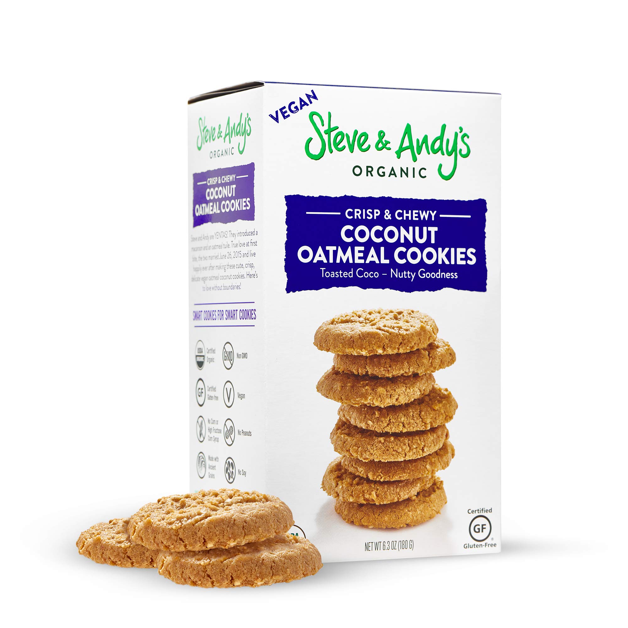 Steve & Andy’s Organic Gluten-Free Vegan Coconut Oatmeal Cookies - Non-GMO, Healthy Snack, Crispy Texture - Perfect for Breakfast, Office Snacks & Travel (Single Box)