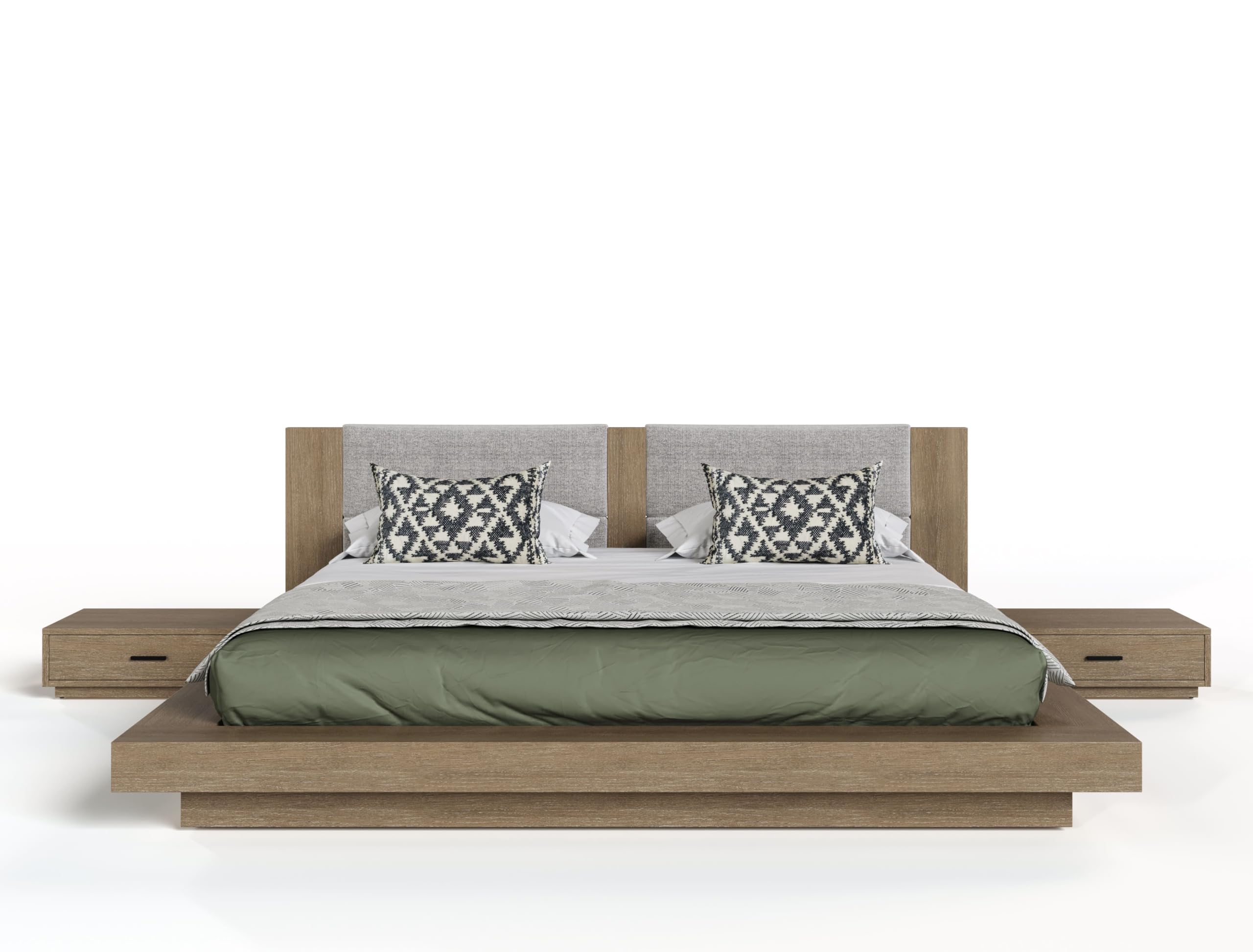 Gerda Collection Contemporary Solid Acacia Wood Veneer King Bed & 2 Nightstands 3-Piece Set - Light Walnut & Light Gray Polyester Upholstery | Perfect for Modern Master Bedrooms & Guest Rooms