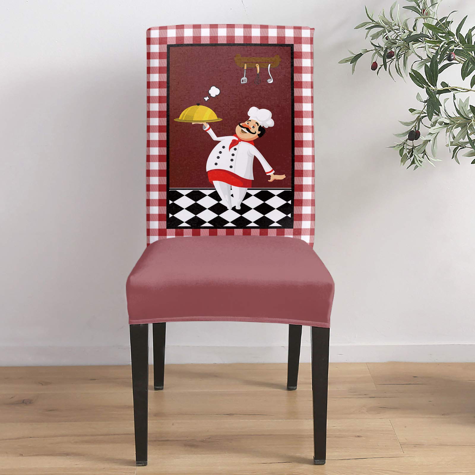 Stretch Washable Chair Slipcovers Set - 6 PCS Red White Check Dining Chair Seat Protectors for Home, Hotel & Ceremony | Kitchen Chef Knives & Forks Included | Perfect for Dining Room, Restaurant & Event Decor