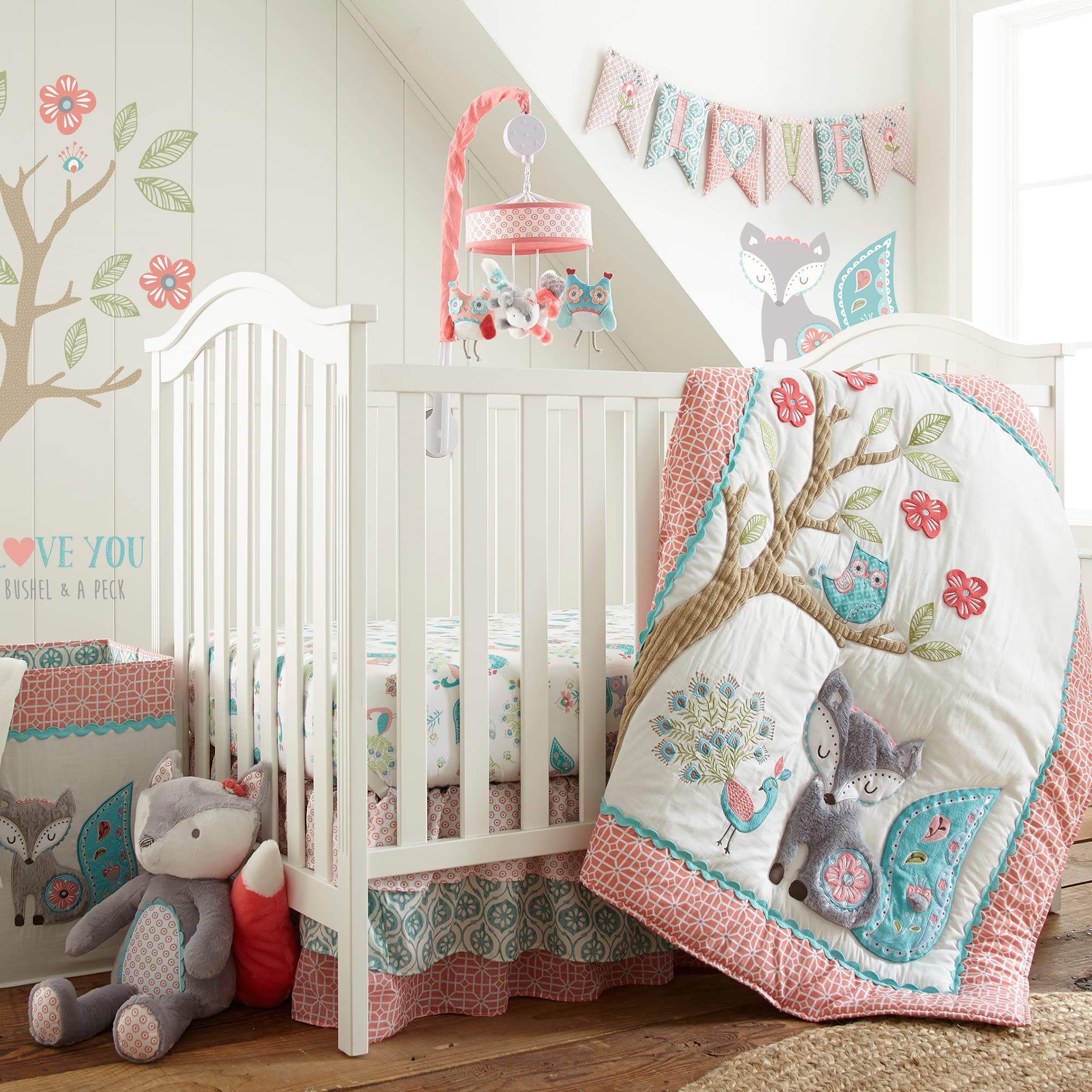 Levtex Baby Fiona 5-Piece Crib Bedding Set - Pink, Teal & White Woodland Forest Theme Nursery Collection - Includes Quilt, 2 Fitted Sheets, Wall Decal & Dust Ruffle - Perfect for Baby Shower Gifts & Nursery Decor