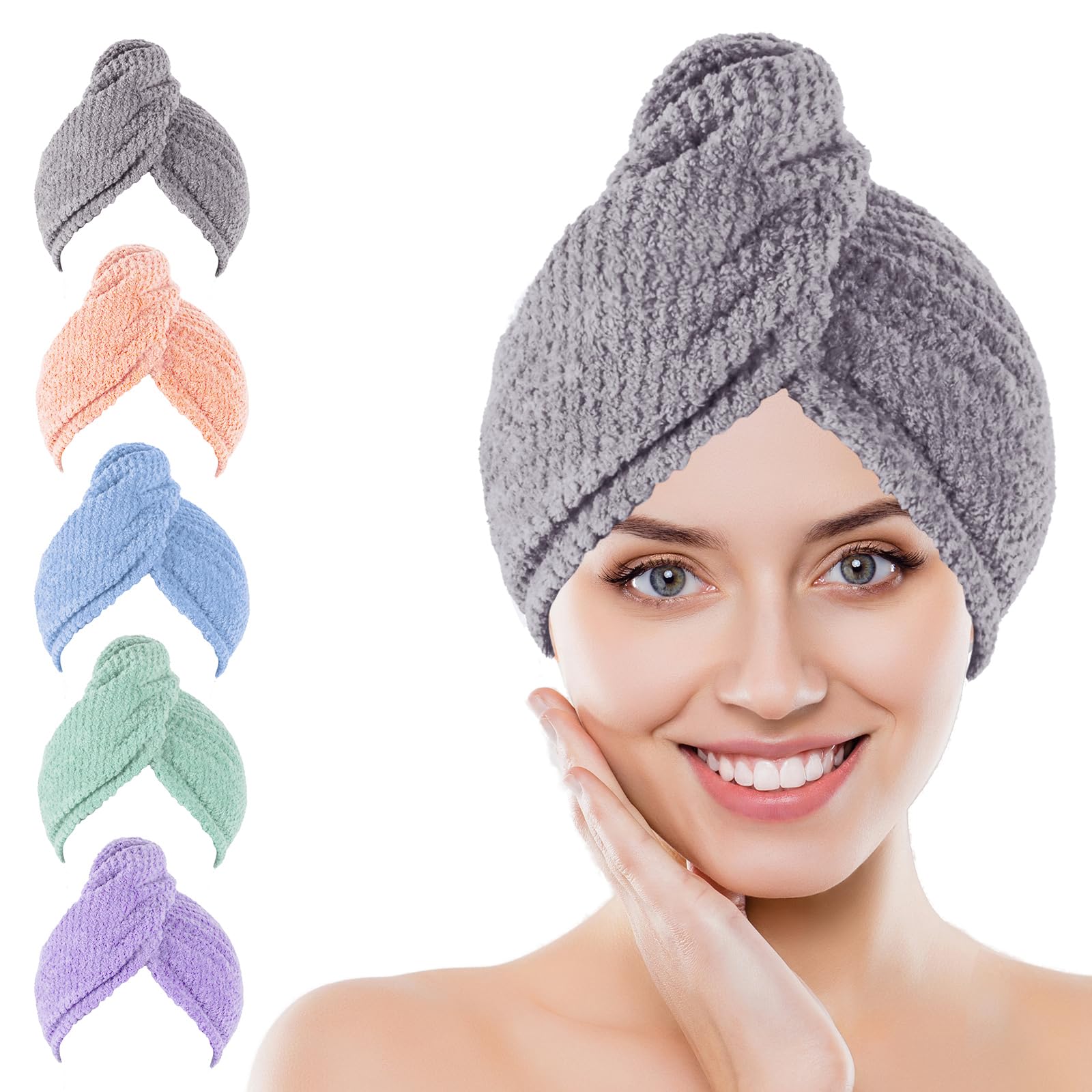 5 Pack Soft Microfiber Hair Towel Wrap - Quick Dry Elastic Hair Turbans for Women & Curly Hair - Perfect for Post-Shower, Gym, Swimming & Travel Use