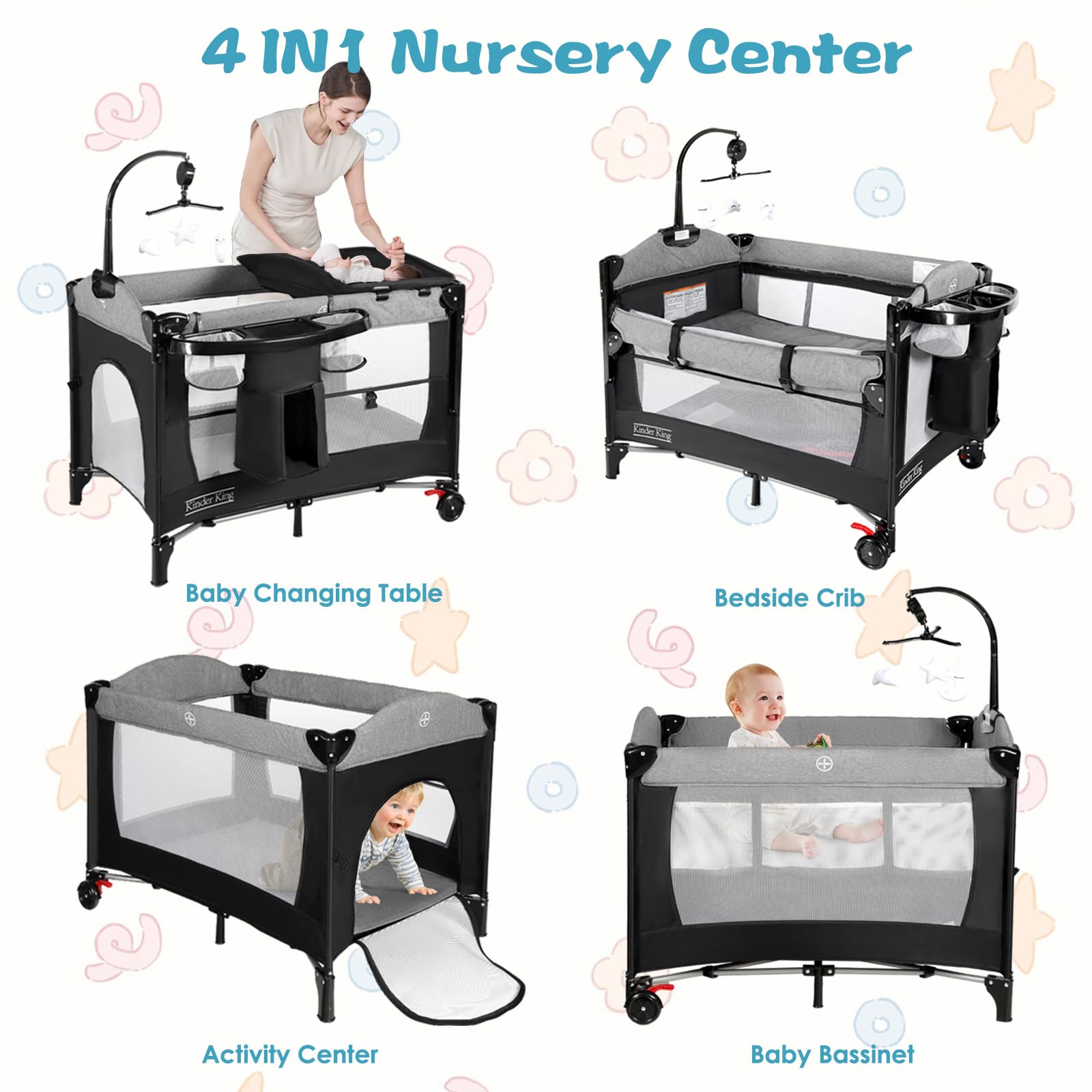 Kinder King 4-in-1 Portable Nursery Center | Foldable Baby Bassinet & Playard with Changing Table & Storage Basket | Perfect for Newborns to Toddlers | Ideal for Bedside Sleeping, Playtime & Diaper Changes