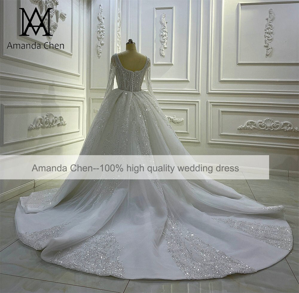 Elegant Detachable Skirt Long Sleeve Wedding Dress for Bride - Perfect for Church Ceremony, Beach Wedding & Formal Reception