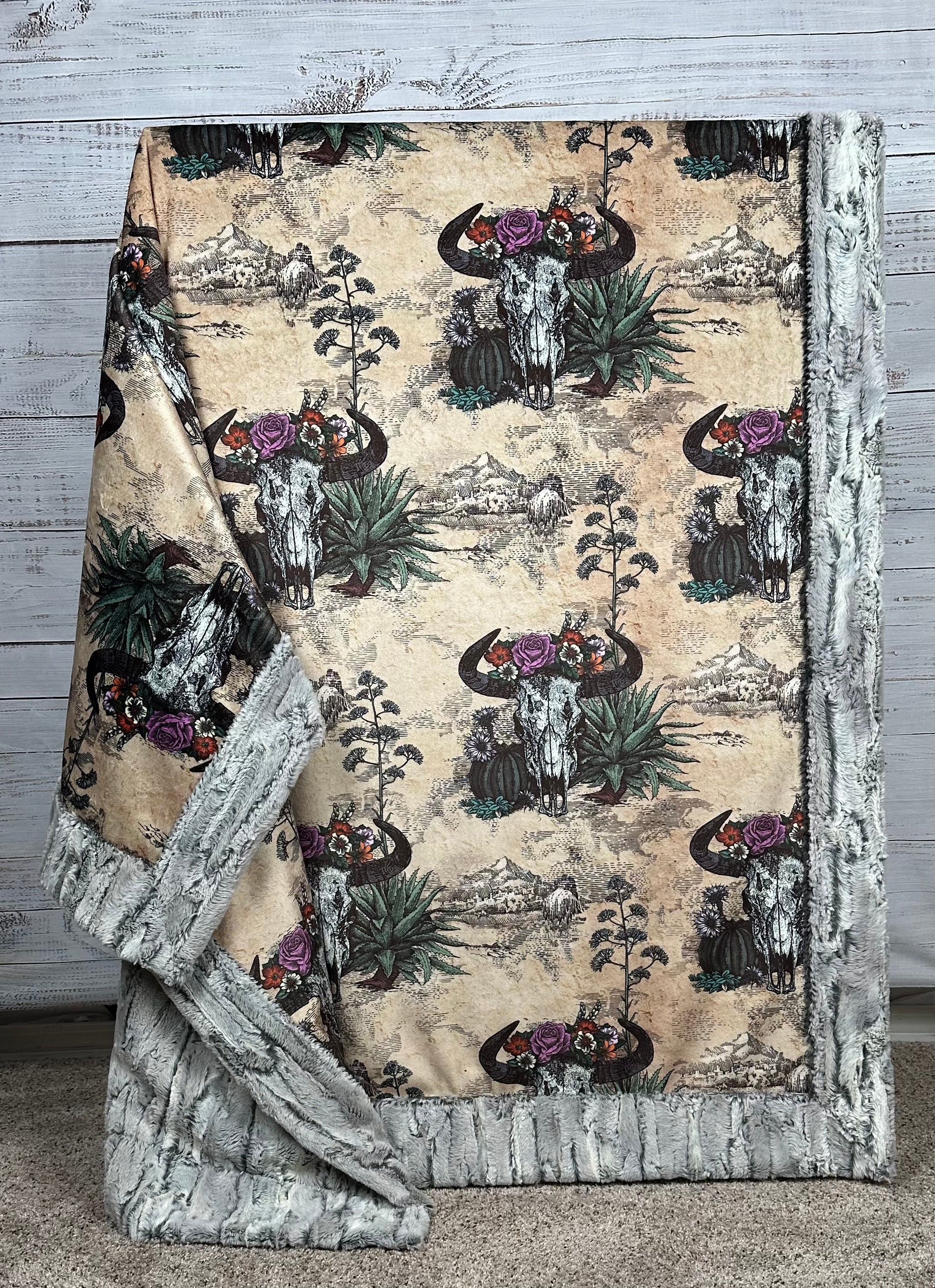 Premium Western Americana Skull Design Silver Fox Luxe Large 55x79 Inches Soft Minky Blanket - Perfect for Home Decor, Bedroom Throw, and Cozy Gift Idea