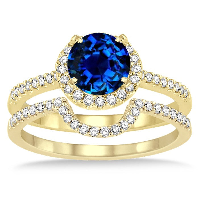 2 Carat Sapphire & Moissanite Diamond Halo Engagement Ring Set in 10K Yellow Gold - Perfect for Proposals, Weddings & Anniversary Gifts