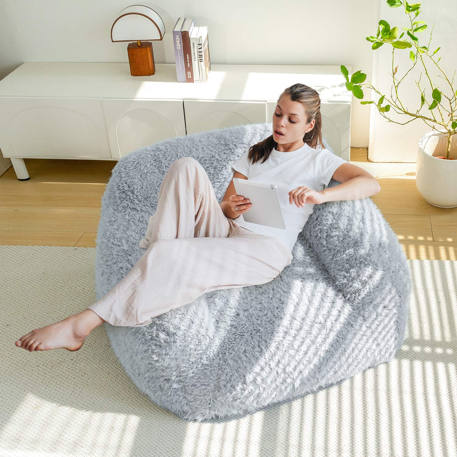 MAXYOYO Fluffy Comfy Large Bean Bag Chair with Pillow - Oversized Lounger for Reading, Gaming & Relaxation in Dusty Blue - Perfect for Bedrooms, Dorms & Game Rooms