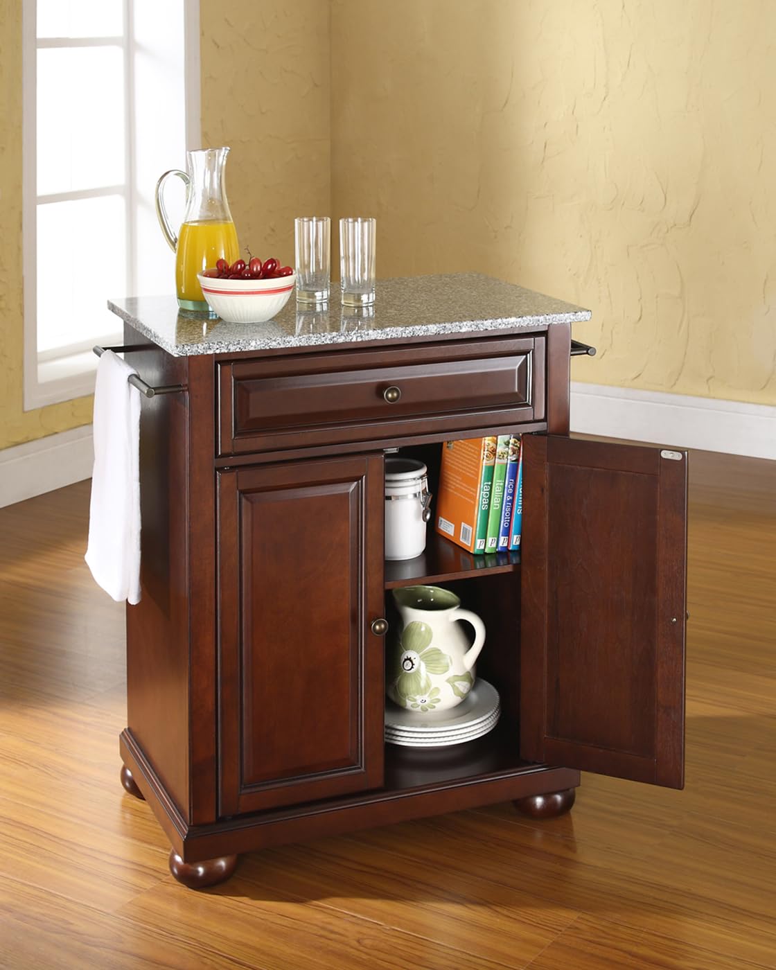 Crosley Alexandria Granite Top Portable Kitchen Island Cart with Wheels - Microwave Stand, Storage Cabinet, Mahogany Finish - Perfect for Small Kitchens, Apartments & Mobile Food Prep Stations
