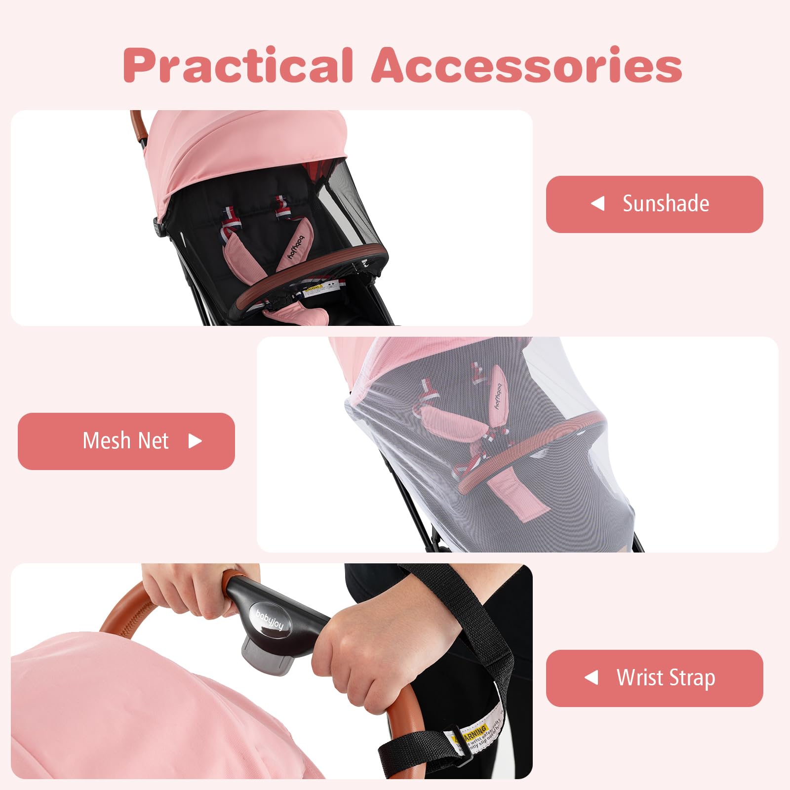 BABY JOY Lightweight Compact Baby Stroller for Travel - Airplane Approved Infant Stroller with 5-Point Safety Harness, Adjustable Backrest & Canopy, Large Storage Basket - Easy One-Hand Fold (Pink) | Perfect for Air Travel, Shopping, and Everyday Walks with Your Toddler
