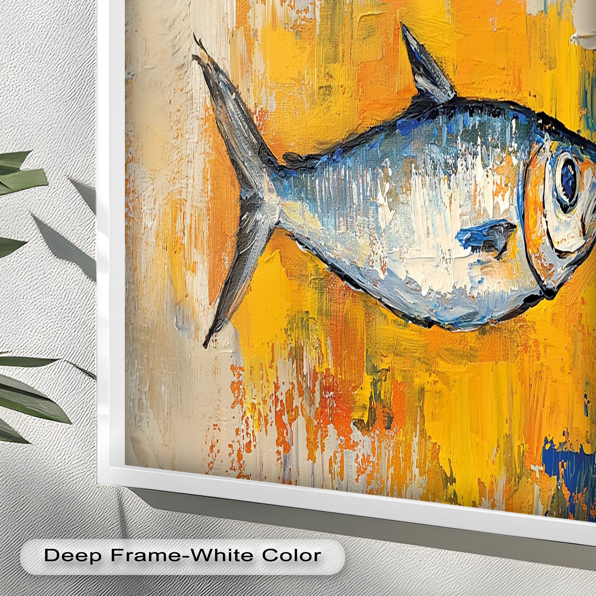 Blue Fish on Vibrant Yellow Background Animal Oil Painting - Handmade Wall Art Decor for Living Room, Bedroom & Office