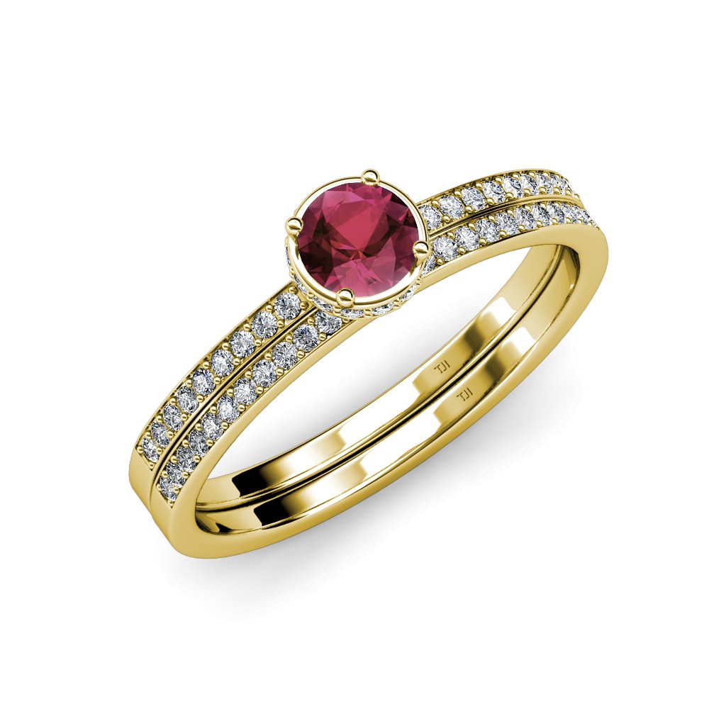 1.00ctw Rhodolite Garnet & Diamond Halo Engagement Ring & Wedding Band Set in 14K Yellow Gold - Perfect for Proposals, Anniversaries & Bridal Jewelry