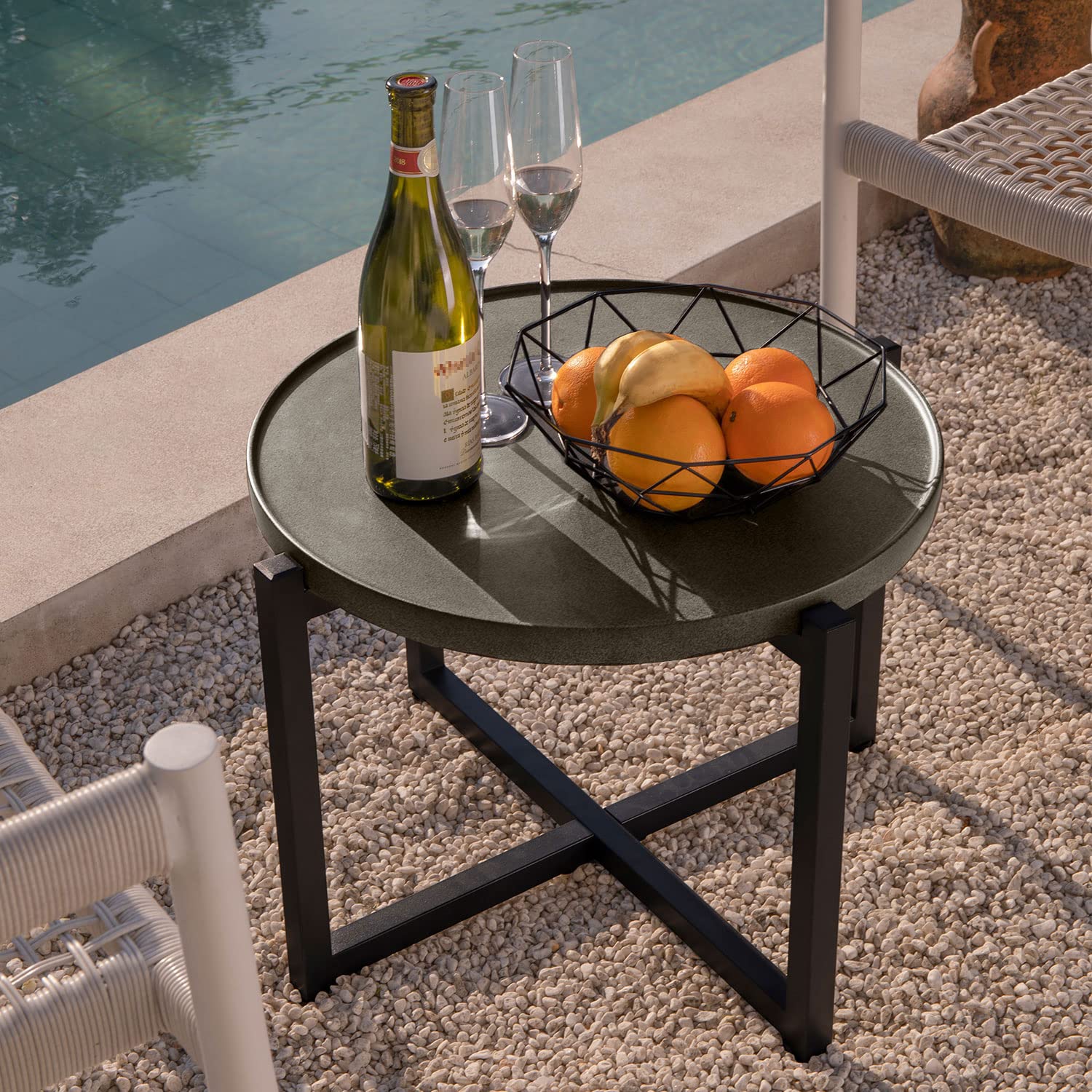 Dark Grey Outdoor Side Table - 15.3''H x 21.6''W Round Patio Coffee Table with Concrete Finish & Metal Frame - Perfect for Poolside, Garden, or Balcony Relaxation