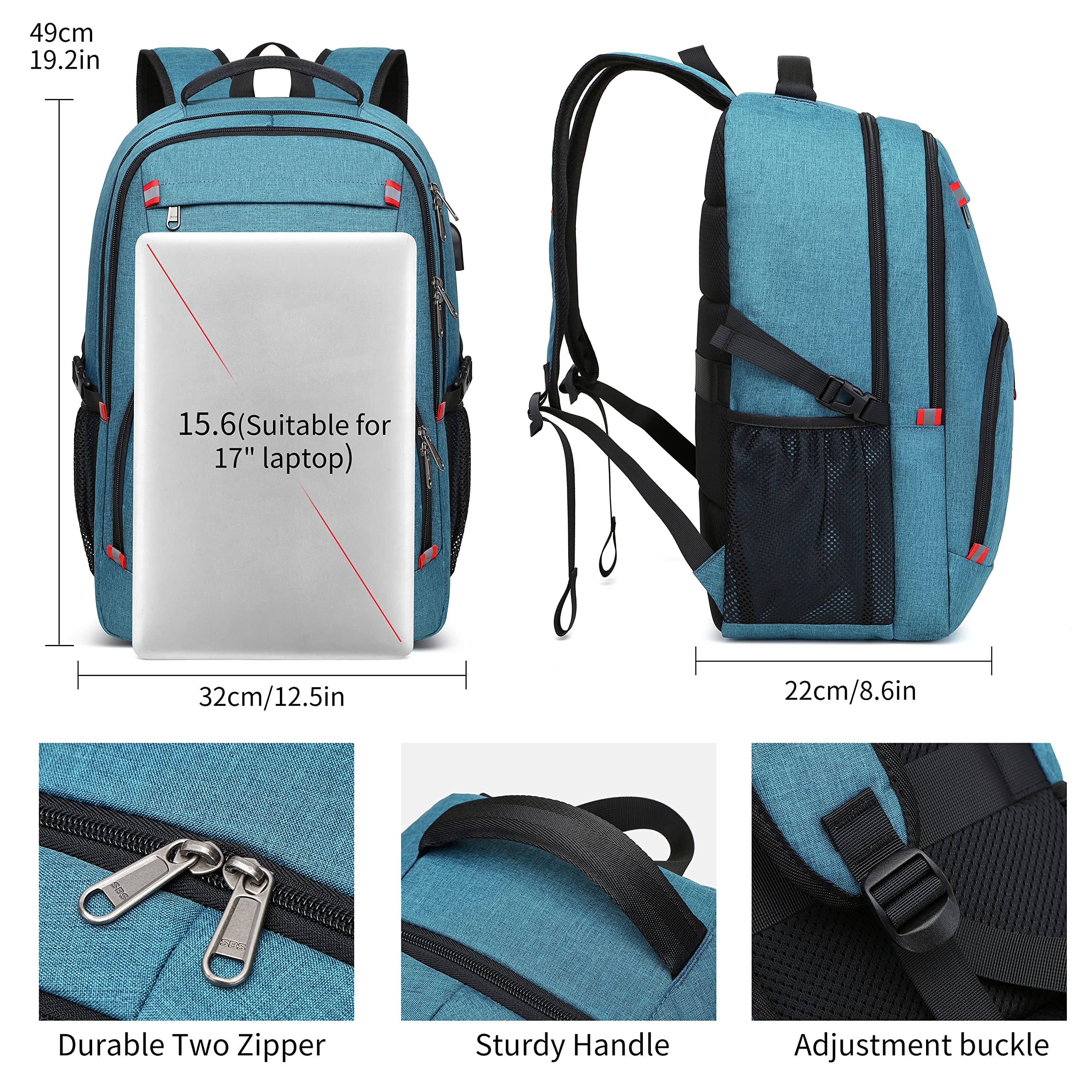 CAFELE 17.3 Inch Laptop Backpack - Durable School & Travel Backpack for Women & Men, Water-Resistant Work Bag with USB Charging Port (Blue) - Perfect for College, Business Trips & Daily Commute