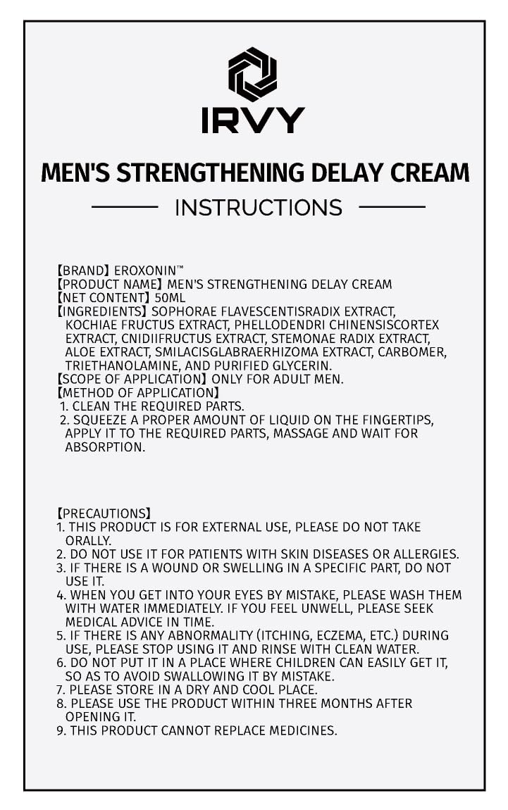 Irvy Male Premature Delay Cream - Long Lasting Performance Enhancer for Men (1.75 Fl Oz) | Intimate Moments & Enhanced Pleasure for Couples