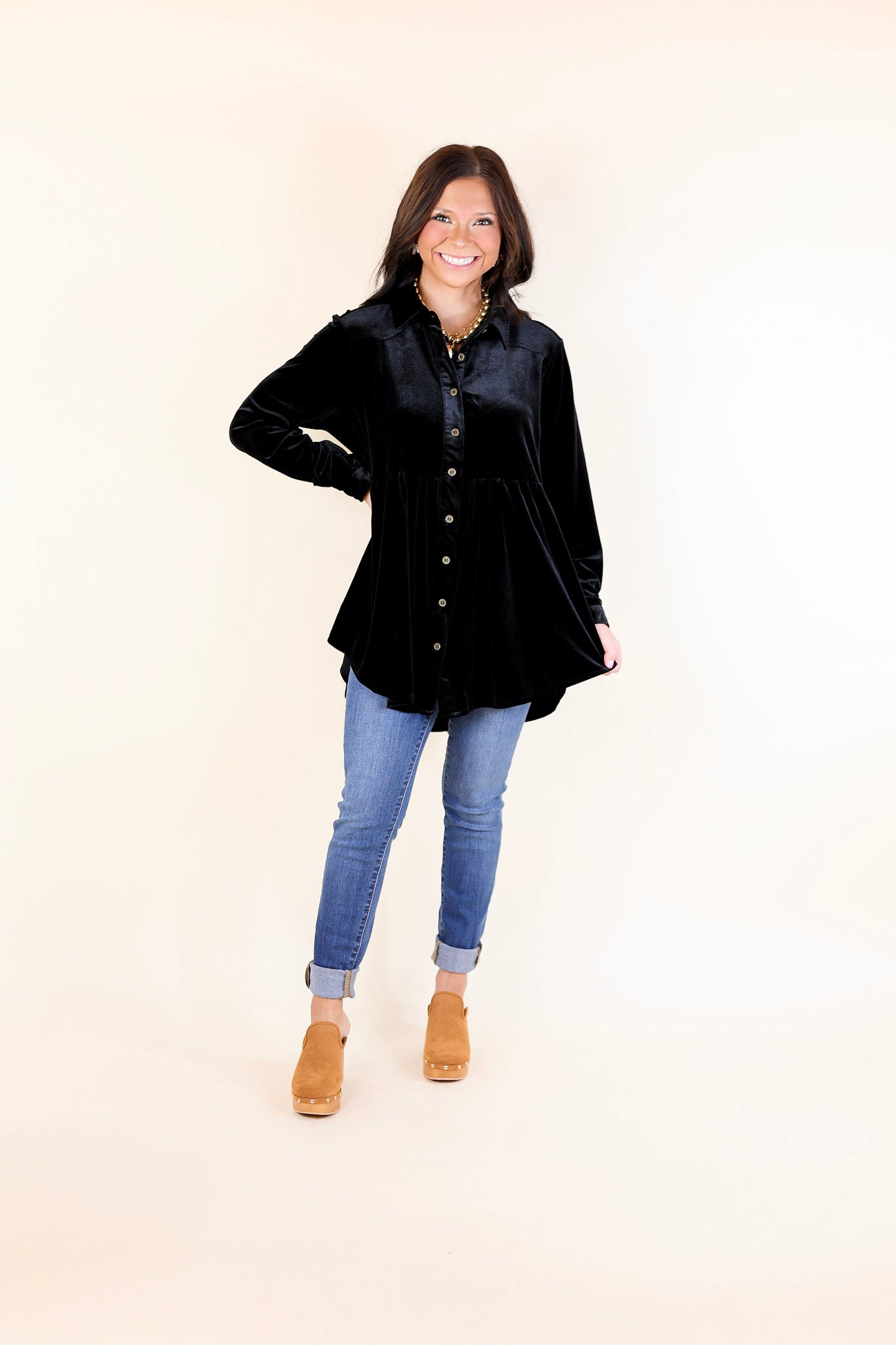 Call Me Yours Black Velvet Long Sleeve Babydoll Tunic Top for Women | Elegant Button Up Blouse for Date Night & Holiday Parties