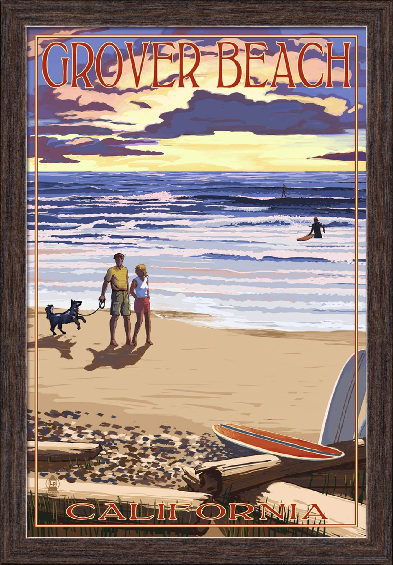 California Sunset Beach Art Print - 16x24 Giclee Fine Art on Recycled Wood Frame in Espresso Brown - Coastal Wall Decor for Living Room, Bedroom & Office