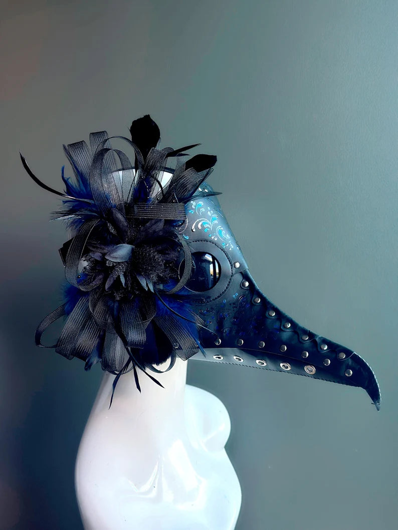 Black and Blue Feathered Plague Doctor Mask - Steampunk Costume Accessory for Halloween, Cosplay, and Renaissance Fairs
