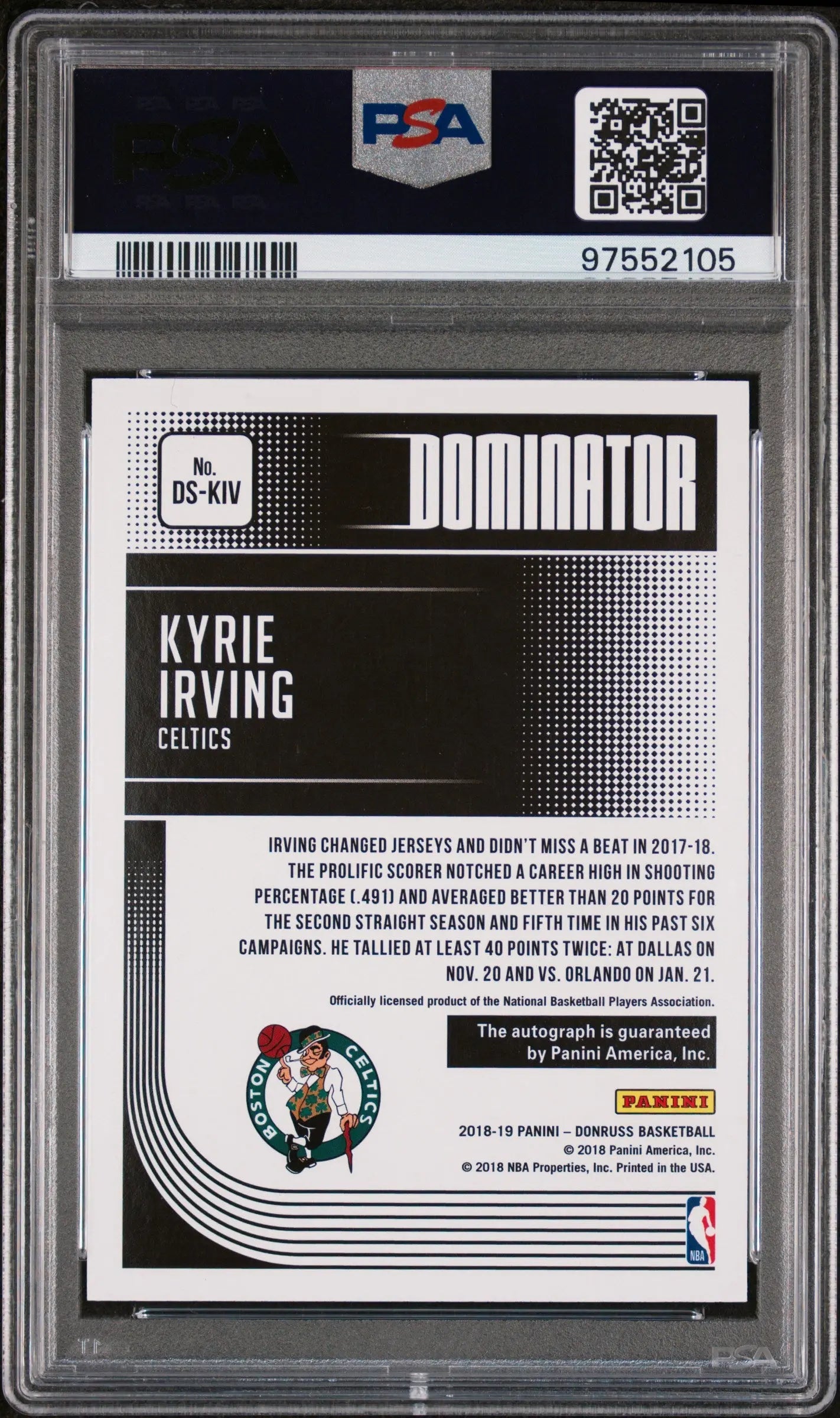 2018 Panini Donruss Dominator Signatures Kyrie Irving PSA 9 90/99 #DS KIV - Authentic Basketball Trading Card for Collectors & Fans - Perfect for Display, Investment & Sports Memorabilia Collections