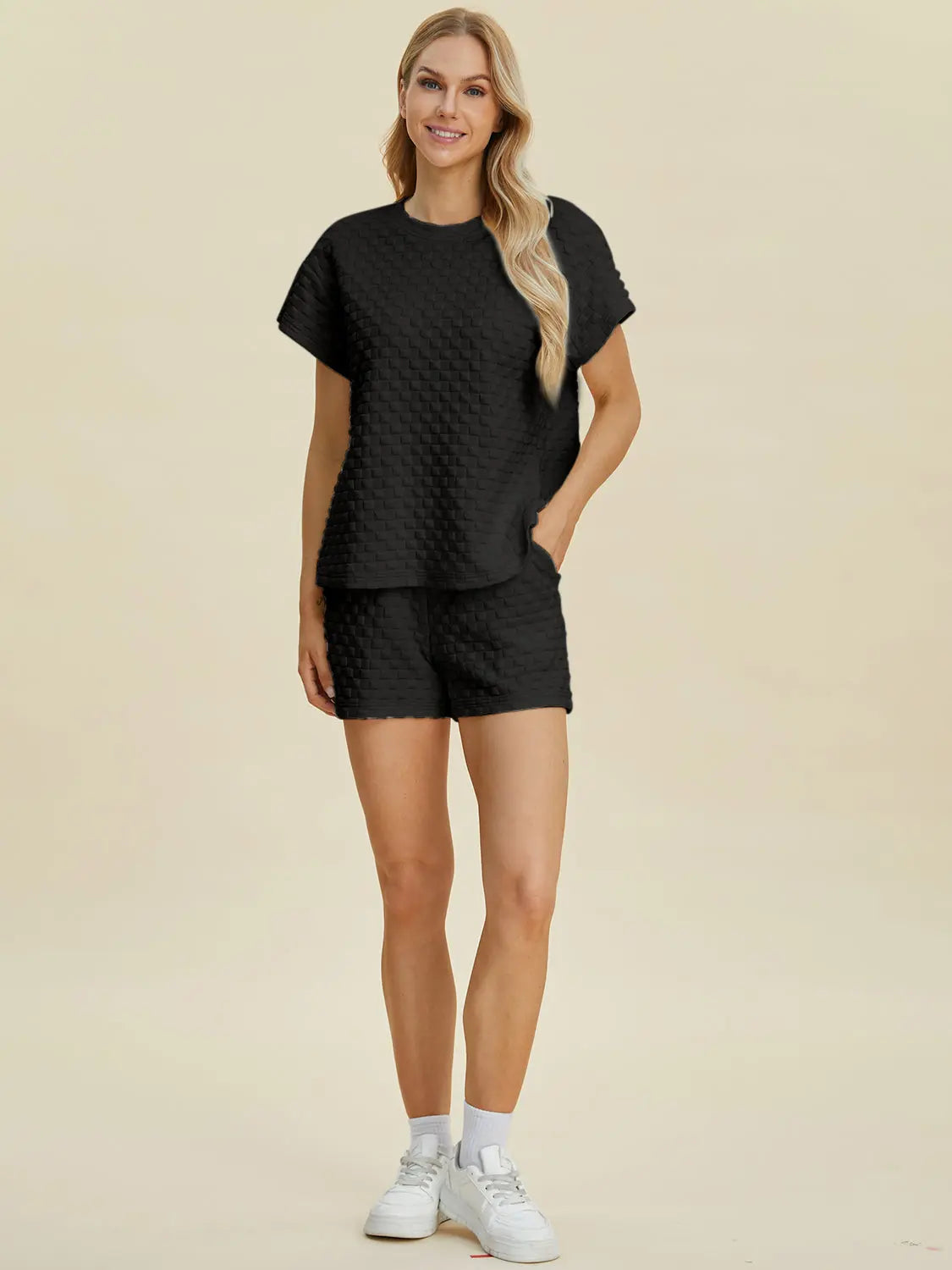 Double Take Full Size Texture T-Shirt and Shorts Set for Men - Comfortable Cotton Outfit for Casual Wear, Gym, and Lounge