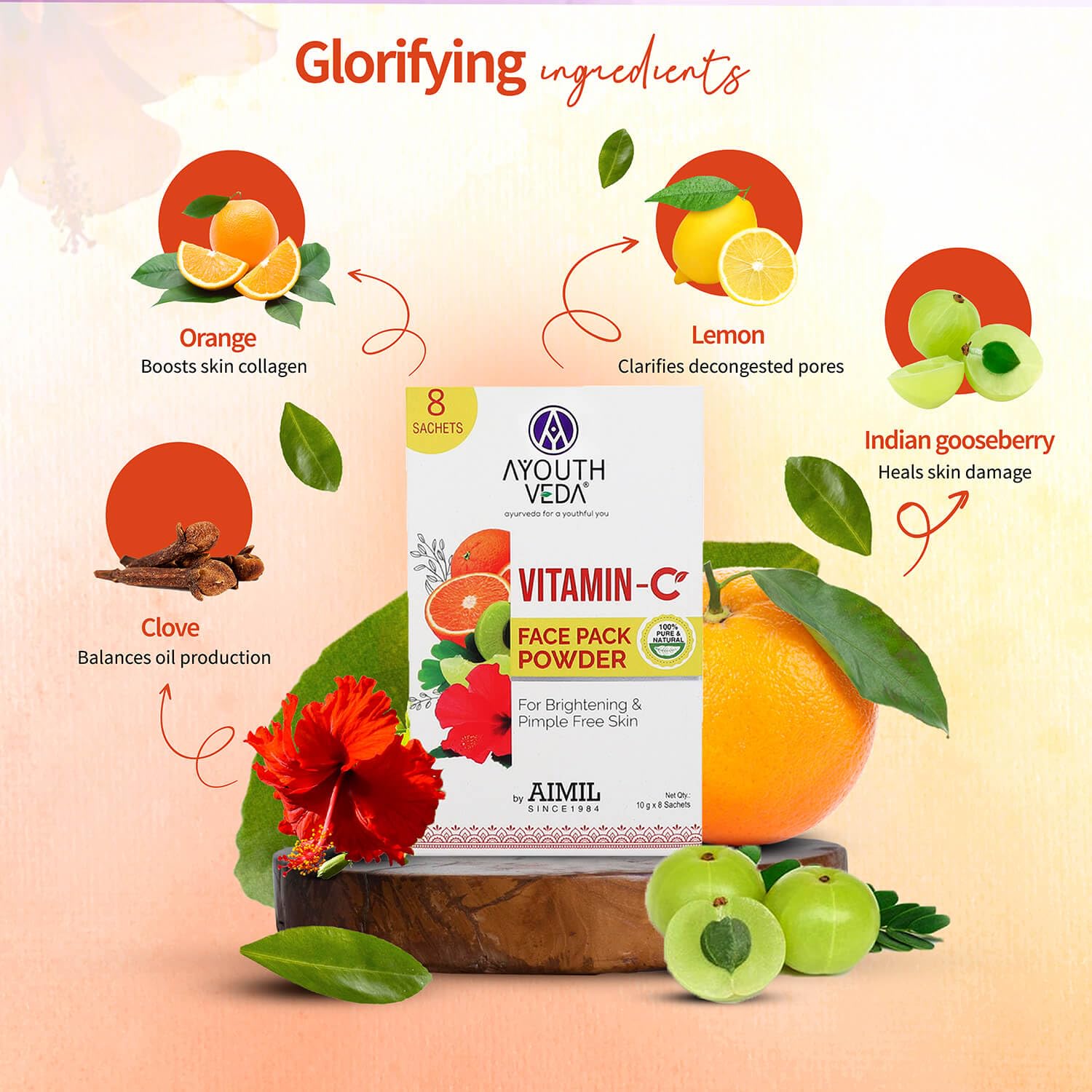Ayouthveda Vitamin C Face Pack Powder for Men & Women - Brightens Skin, Reduces Pigmentation & Acne | Natural Fruit & Herb Enriched Formula for Soft, Glowing Skin (10g x 8 Sachets) | Perfect for Daily Skincare & Spa Treatments