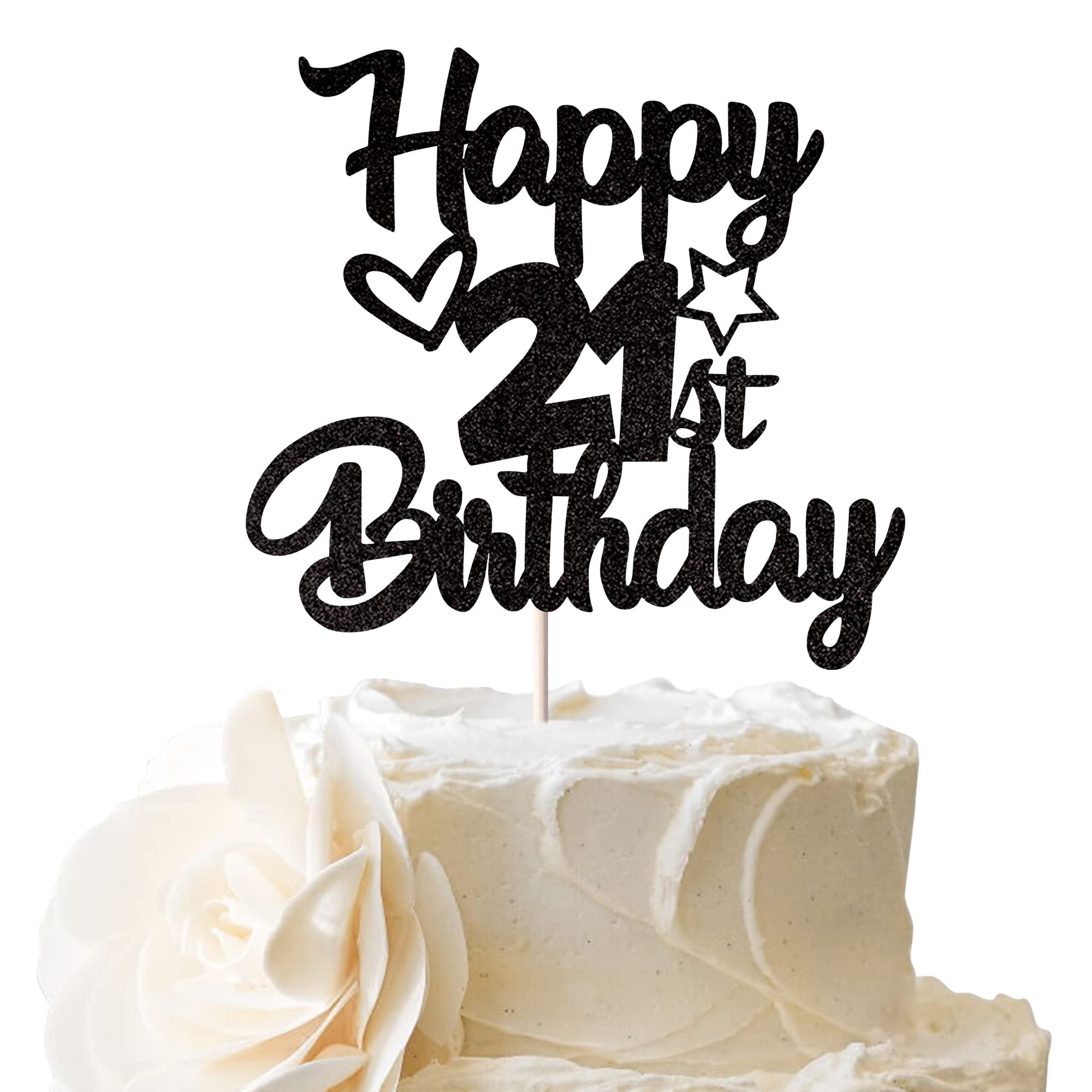 1 Pack Happy 21st Birthday Cake Topper - Glitter Heart & Star 21 Fabulous Cake Picks - Black Birthday Sign Cake Decorations for 21st Birthday Theme Party Supplies | Perfect for Birthday Cakes, Cupcakes & Party Decorations