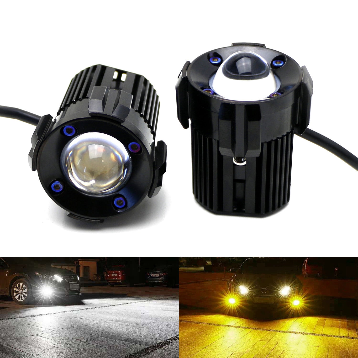 1 Inch White/Yellow Dual Color 20W Mini LED Projector Lens Driving Fog Light Kit - High Visibility for Off-Road, Truck & SUV in Rainy/Foggy Conditions