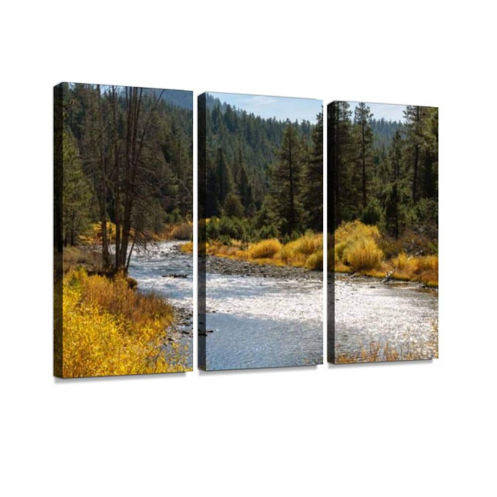Blaverr Truckee River California Autumn Forest Stream Canvas Wall Art - 3 Panel Paintings for Living Room & Bedroom Decor - Nature Landscape Wall Artworks Pictures - Perfect for Home, Office & Cabin Decoration