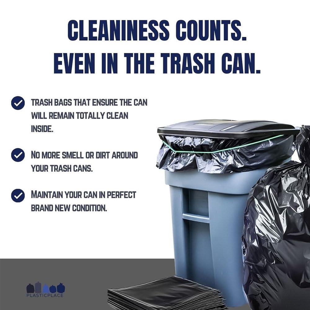 Plasticplace Heavy-Duty 64-65 Gallon Black Trash Bags (50 Count) - 1.5 Mil Thick Garbage Can Liners 50