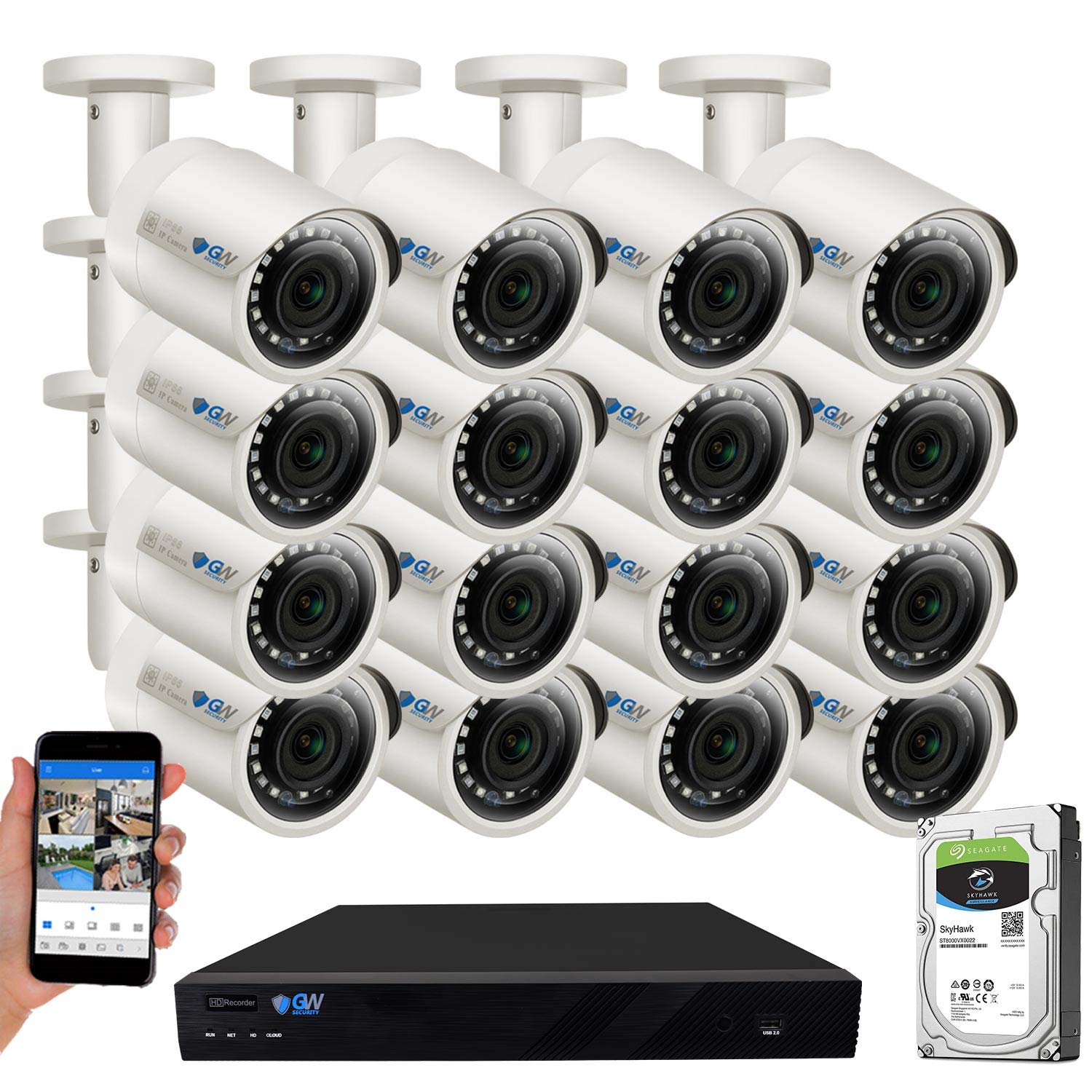 GW Security 16 Channel 4K NVR 5MP POE AI Security Camera System with 16 Weatherproof Bullet Cameras - Built-in Microphone, Pre-Installed 4TB HDD for Home & Business Surveillance | Indoor/Outdoor Use, Night Vision, Motion Detection