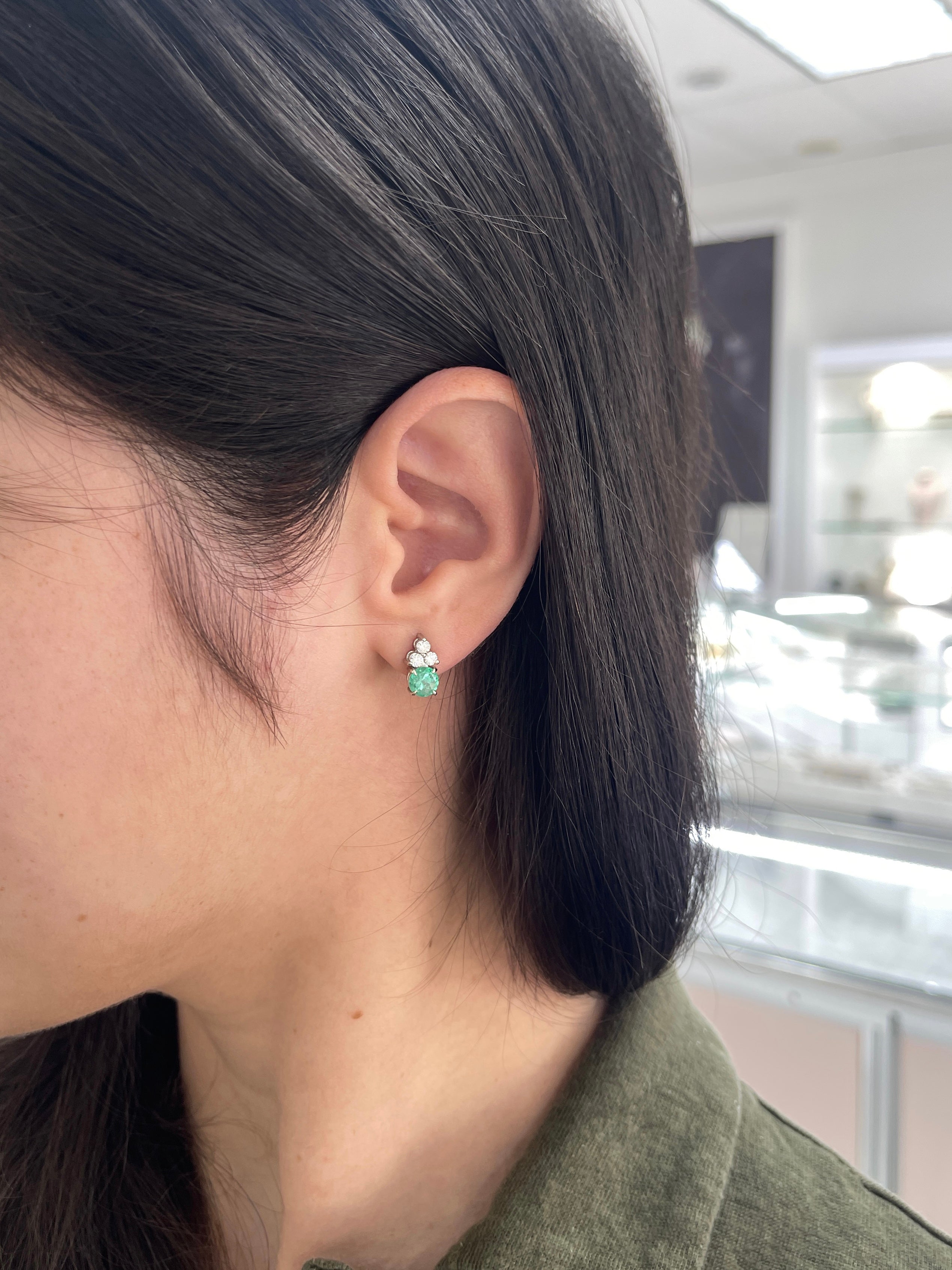 14K White Gold Colombian Emerald & Diamond Trio Stud Earrings | Natural Green Gemstone Jewelry for Women | Perfect for Weddings, Anniversaries & Special Occasions