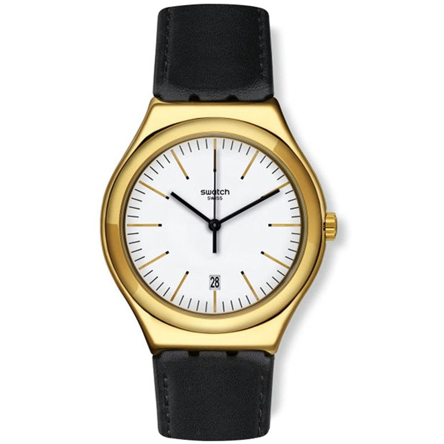 Swatch Men's EDGY TIME Irony Big Classic Watch - White Dial, Black Leather Strap YWG404 - Stylish Casual & Business Timepiece for Everyday Wear