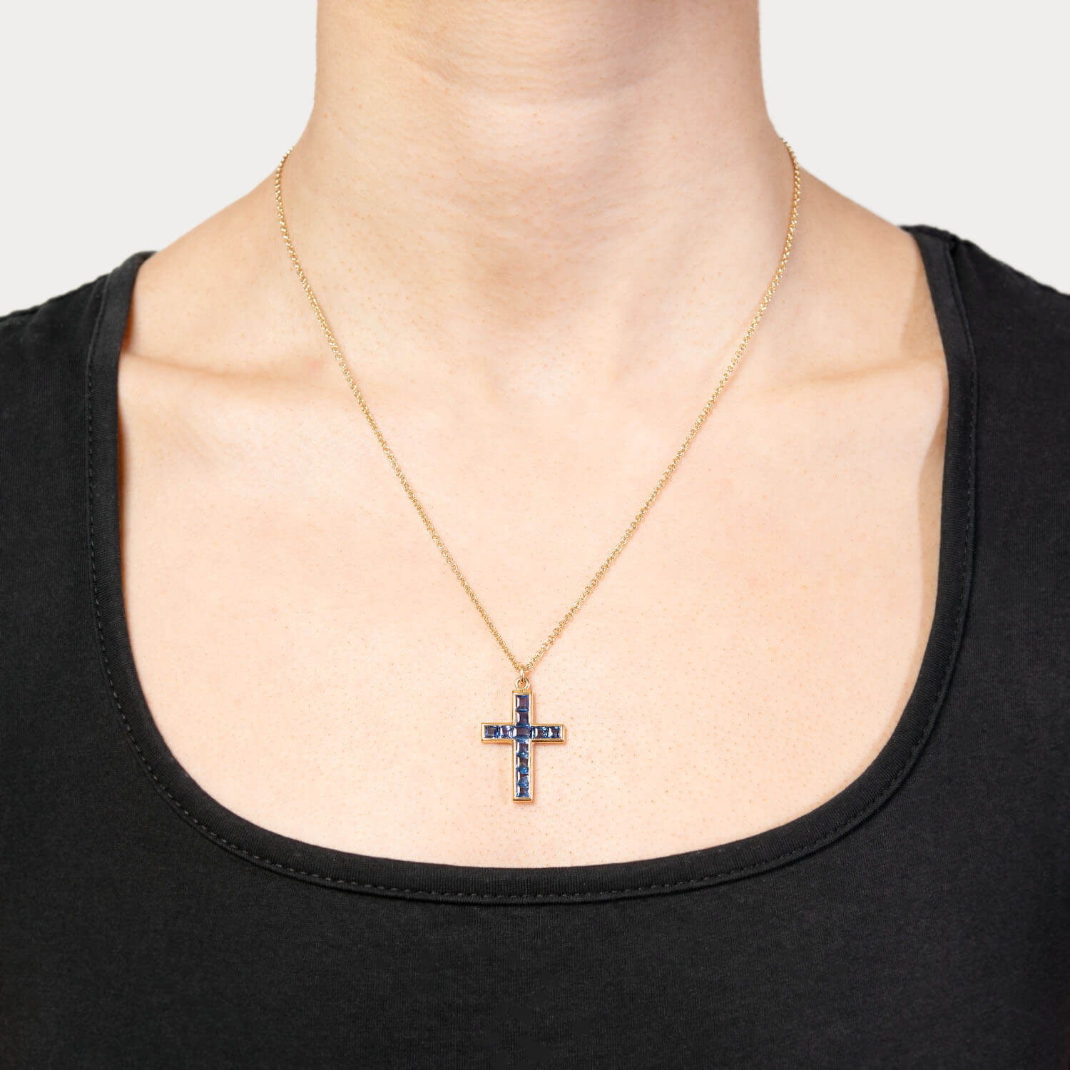 Antique Late Victorian 18K Gold Sapphire Cross Pendant Necklace - Elegant Religious Jewelry for Women, Perfect for Weddings, Church & Special Occasions