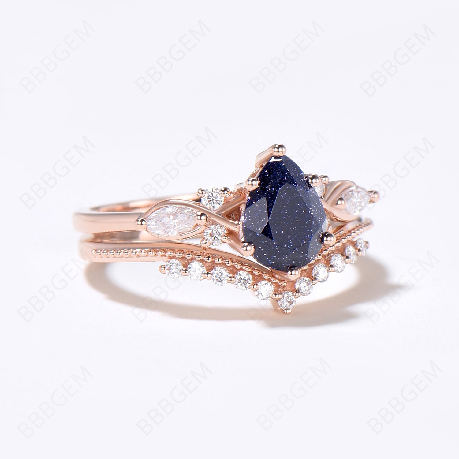 Blue Sandstone Teardrop Ring Set - 7 Stone Cluster Ring with Milgrain Detailing for Women | Perfect for Weddings, Parties & Everyday Elegance