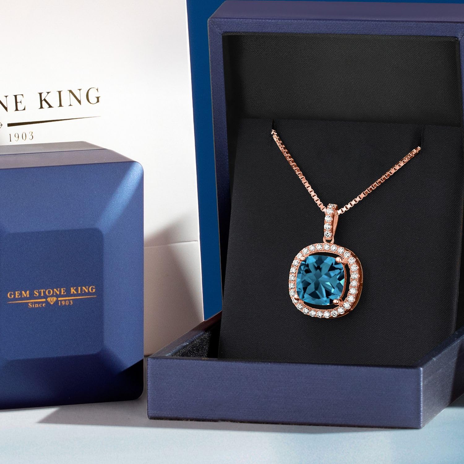 18K Rose Gold Plated Silver 12MM Cushion Gemstone Birthstone & White Moissanite Necklace for Women | Halo Pendant with 18 Inch Silver Chain | Perfect for Birthdays, Anniversaries & Special Occasions