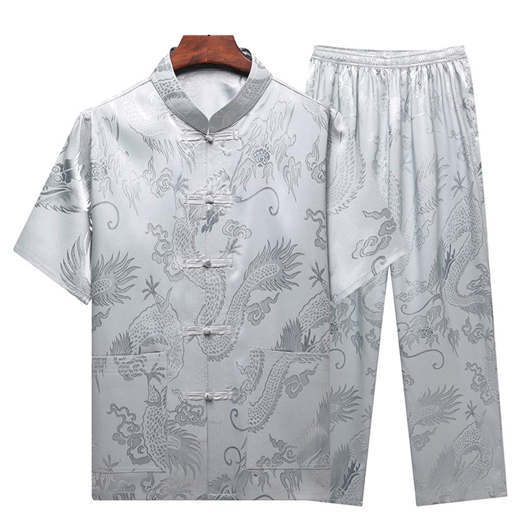 Traditional Chinese Kung Fu Uniform - Men's Tai Chi Suit, Hanfu Tang Coat & Pants Set for Martial Arts, Meditation - Breathable Short Sleeve Jacket (Grey, Size 39) - Perfect for Tai Chi Practice, Cultural Events & Chinese New Year Celebrations
