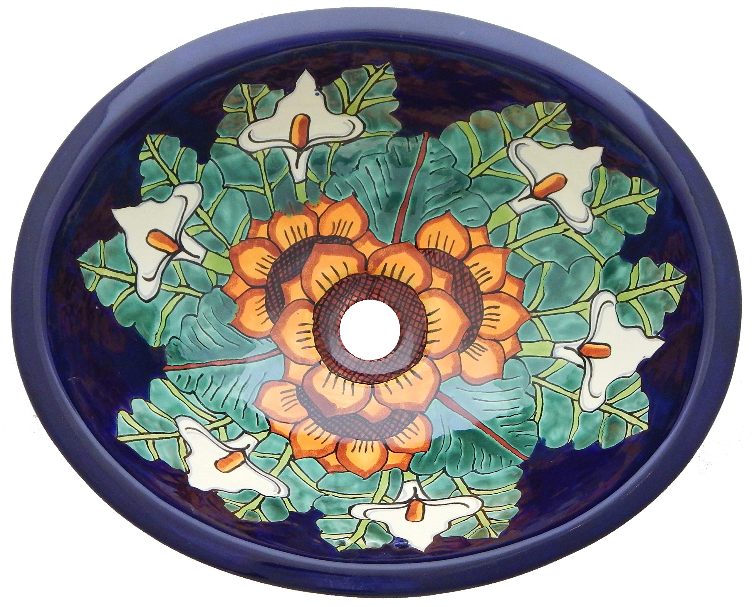 Handmade Mexican Talavera Bathroom Sink - Hand-Painted Calla Lilies & Sunflowers Design | Vintage Style Ceramic Vessel Sink for Bathroom, Powder Room & Farmhouse Decor