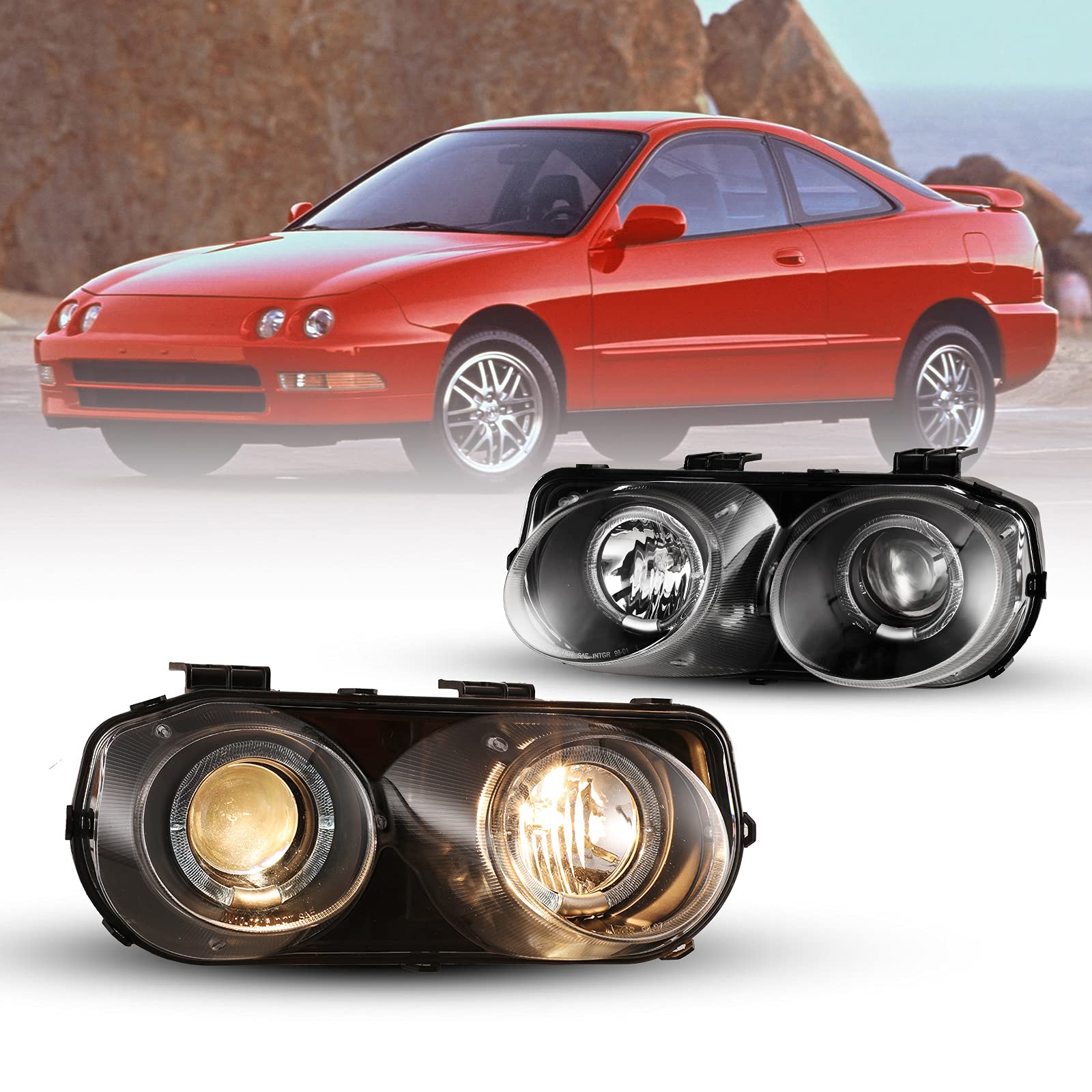 WOLFSTORM Halo Projector Headlight Assembly Replacement for 1994-1997 Acura Integra - Black Housing, LED Angel Eyes, DOT Approved (Perfect for Night Driving & Car Upgrades)