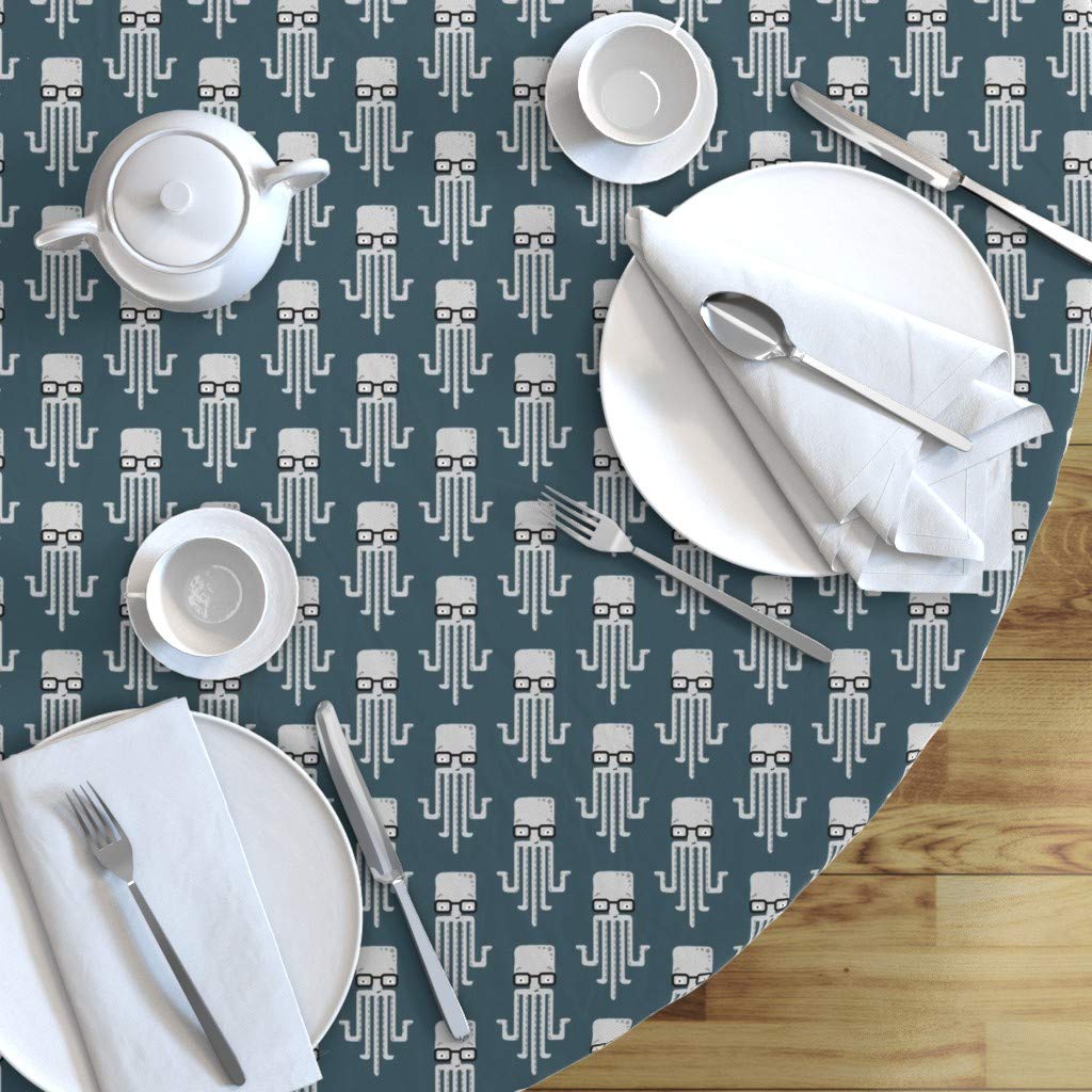 Hipster Octopus Glasses Nautical Print Cotton Sateen Tablecloth - 90 Inch Round Custom Table Linens for Dining Room, Kitchen, and Trendy Nursery Decor
