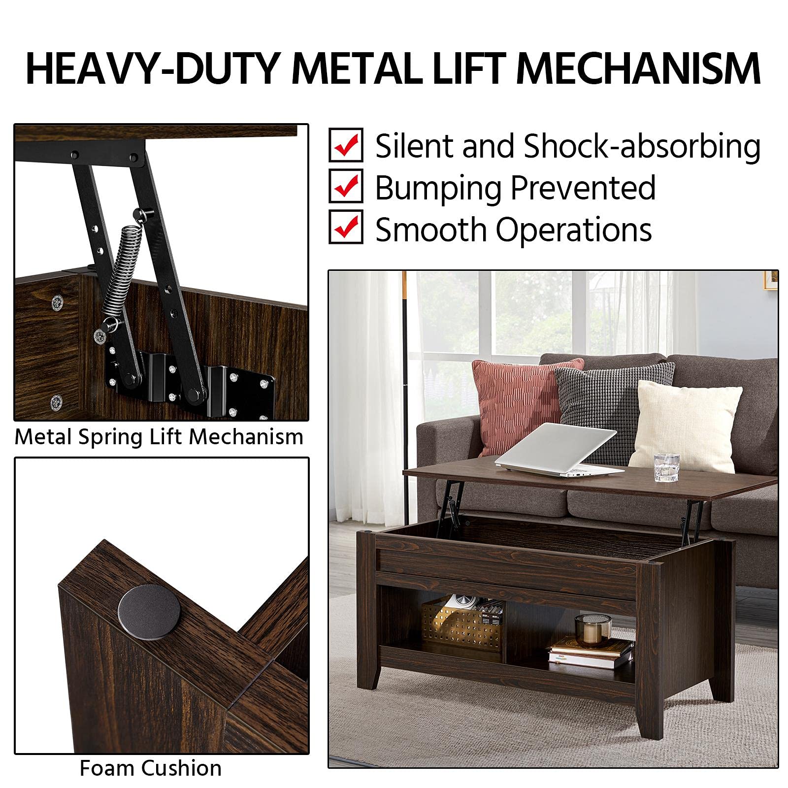 Yaheetech 41-inch Lift Top Coffee Table with Hidden Storage & Lower Shelf - Espresso Lift-Up Tabletop for Living Room, Dining, and Small Spaces