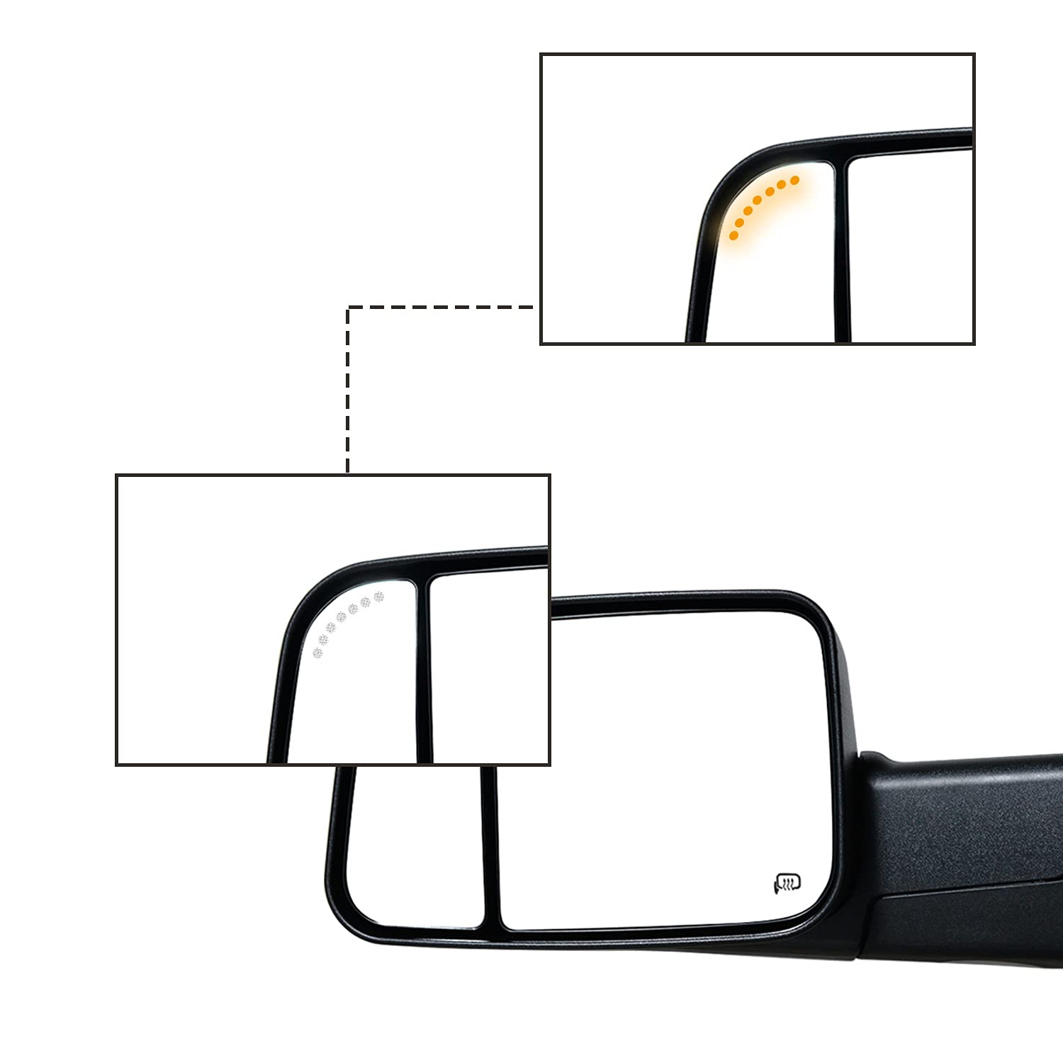 AERDM Power Heated Towing Mirror Black Housing with Temperature Sensor - Compatible with 2009-2015 Ram 1500, 2010-2015 Ram 2500/3500 - Turn Signal & Puddle Lights - Perfect for Winter Towing & Night Driving