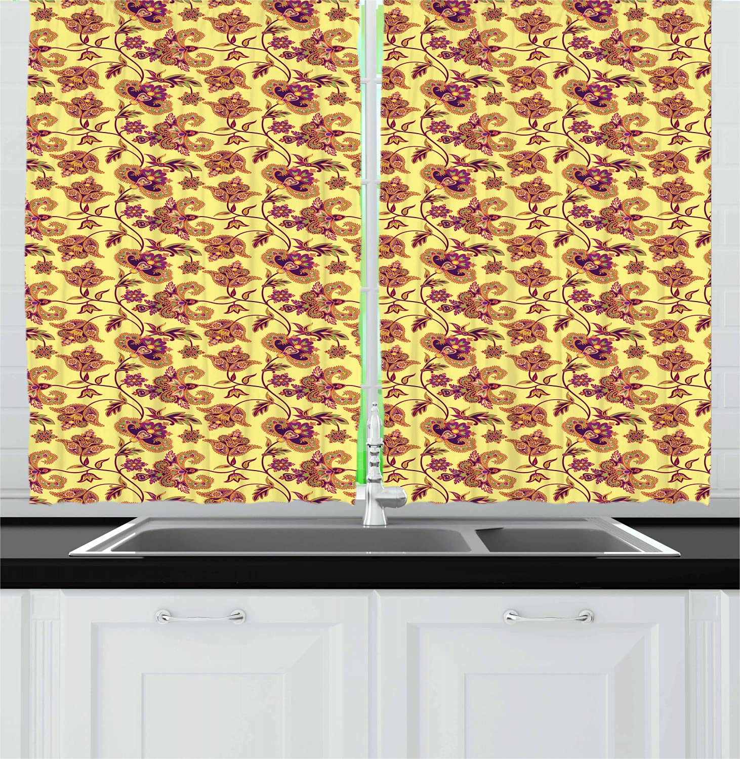 Ambesonne Floral Kitchen Curtains - 2 Panel Set with Colorful Flowers and Leaves Design, 55