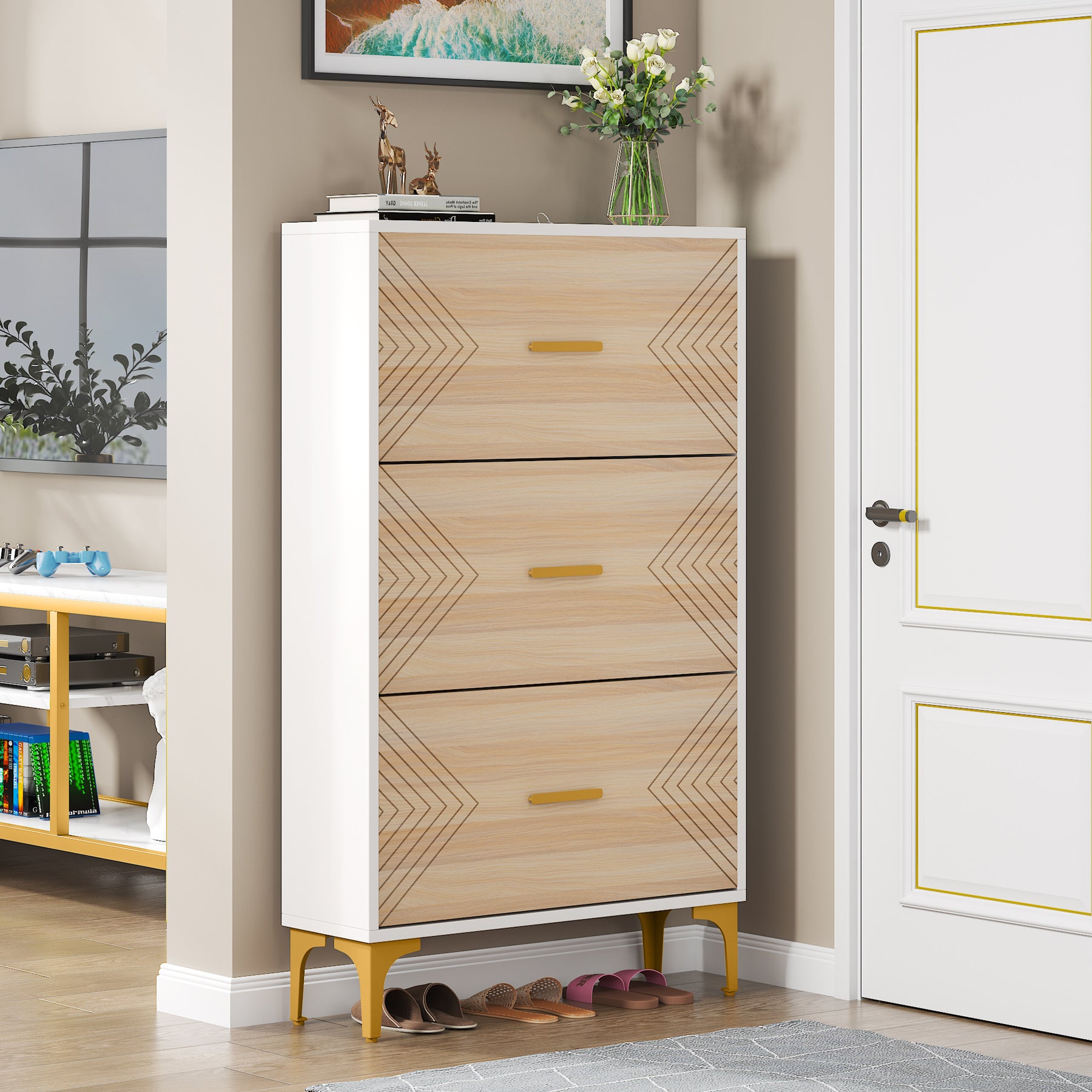Slim Shoe Cabinet with 3 Flip Drawers - Space Saving Hidden Shoe Rack Organizer for Entryway, Closet & Bedroom Storage