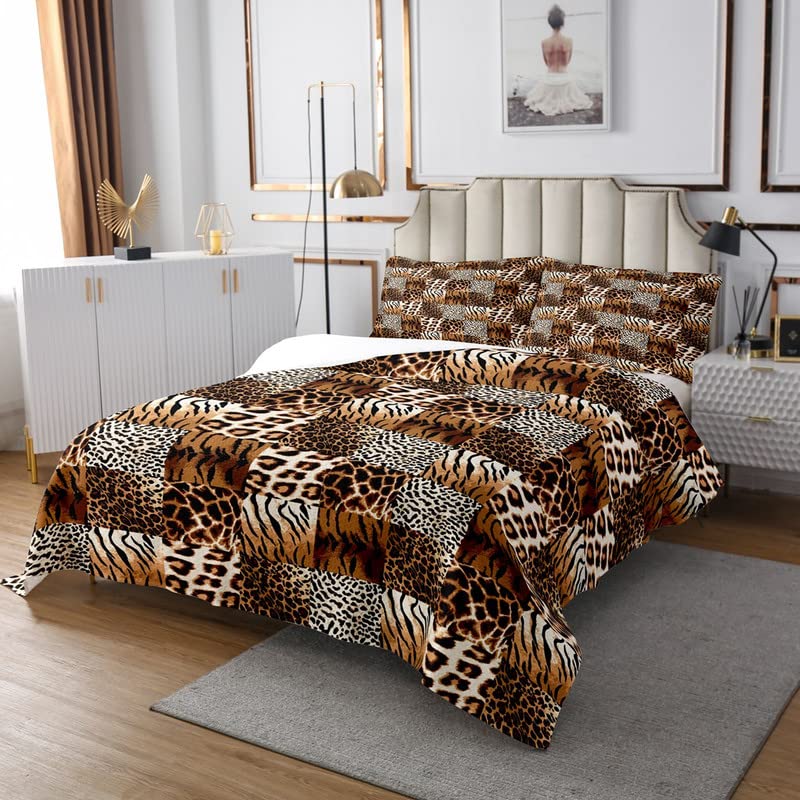 Jejeloiu Leopard Print Quilted Coverlet Set - Cheetah Pattern Bedspread for Kids, Boys & Girls, Safari Theme Plaid Grid Brown King Size with 2 Pillowcases | Perfect for Children's Room Decor, Jungle Themed Bedrooms & Wild Animal Lovers