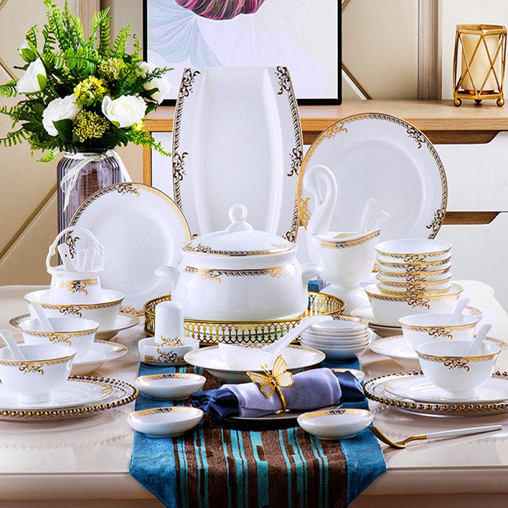 60-Piece Jingdezhen Porcelain Dinnerware Set - Elegant Ceramic Plates, Bowls & Dishes for Dining, Salad, Kitchen & Tableware | Perfect for Restaurants, Home Use & Gifts