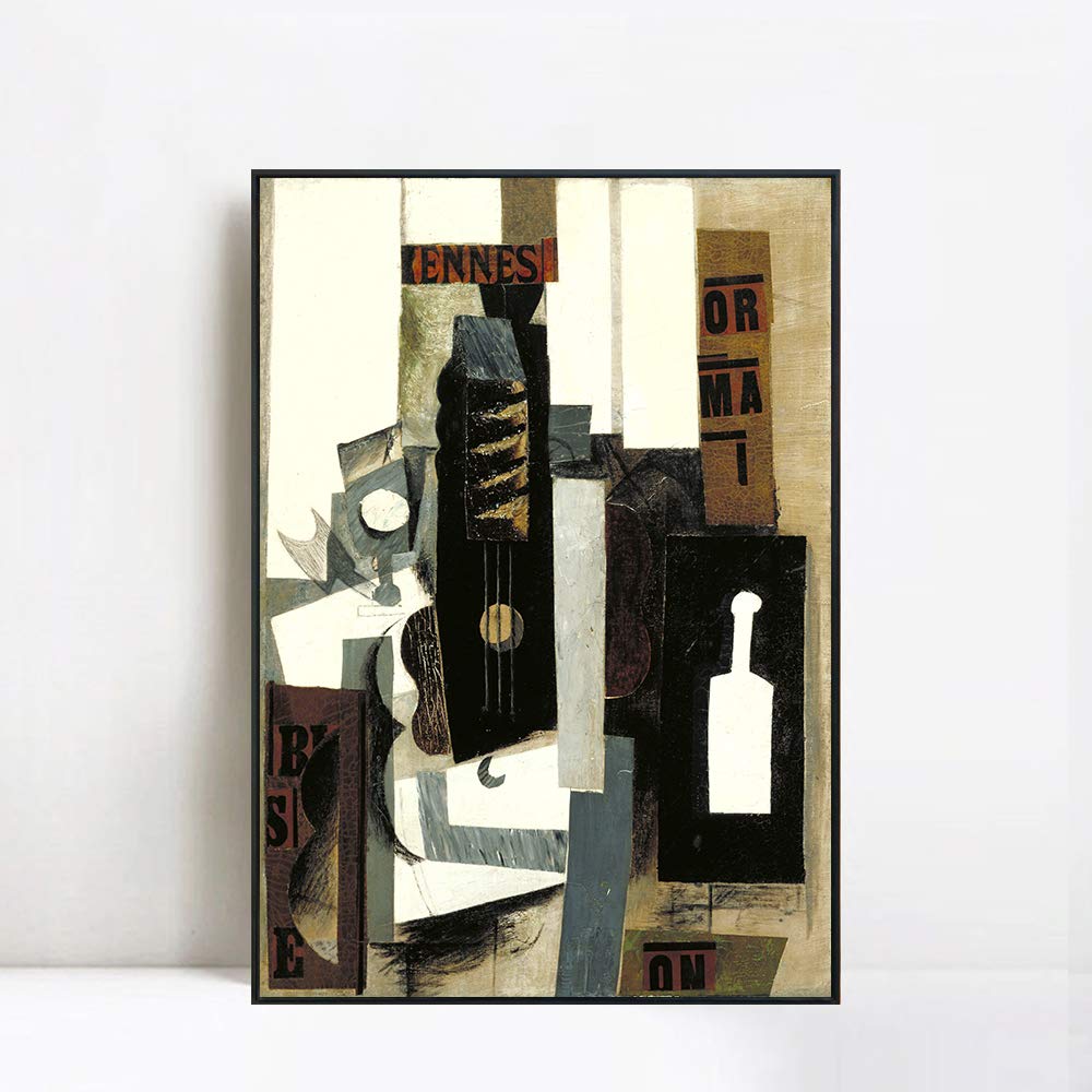 INVIN ART Framed Canvas Giclee Print - Pablo Picasso Guitar and Bottle Wall Art - 24x32 Inch Black Slim Frame - Premium Home & Office Decor for Living Room, Bedroom, Dining Area