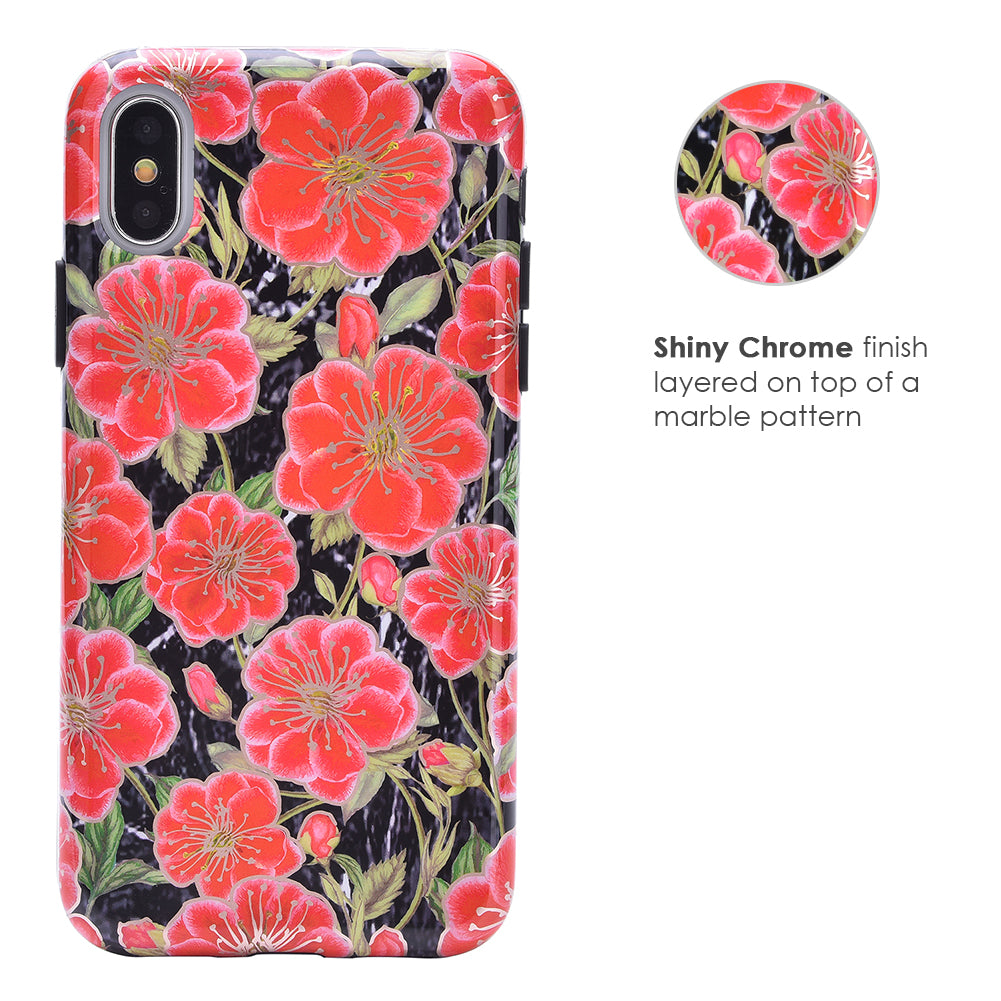 Black Hibiscus Rose Gold Chrome Floral iPhone Case - Stylish Protective Cover for iPhone 13/14/15 Pro Max - Perfect for Everyday Use, Travel & Gift Giving