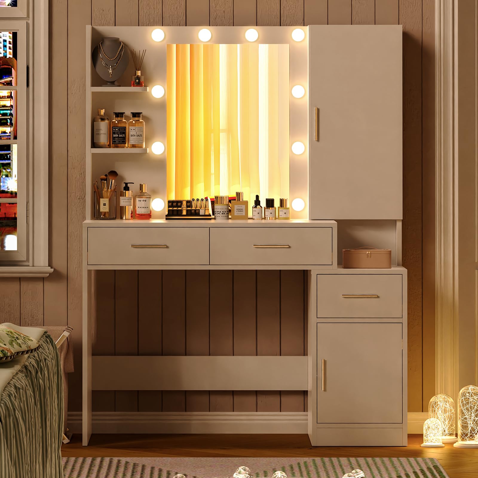 Usikey White Vanity Desk with Mirror & LED Lights - Makeup Vanity Table with 3 Drawers & Jewelry Storage Organizer for Women & Girls | Perfect for Bedroom Decor & Beauty Routine